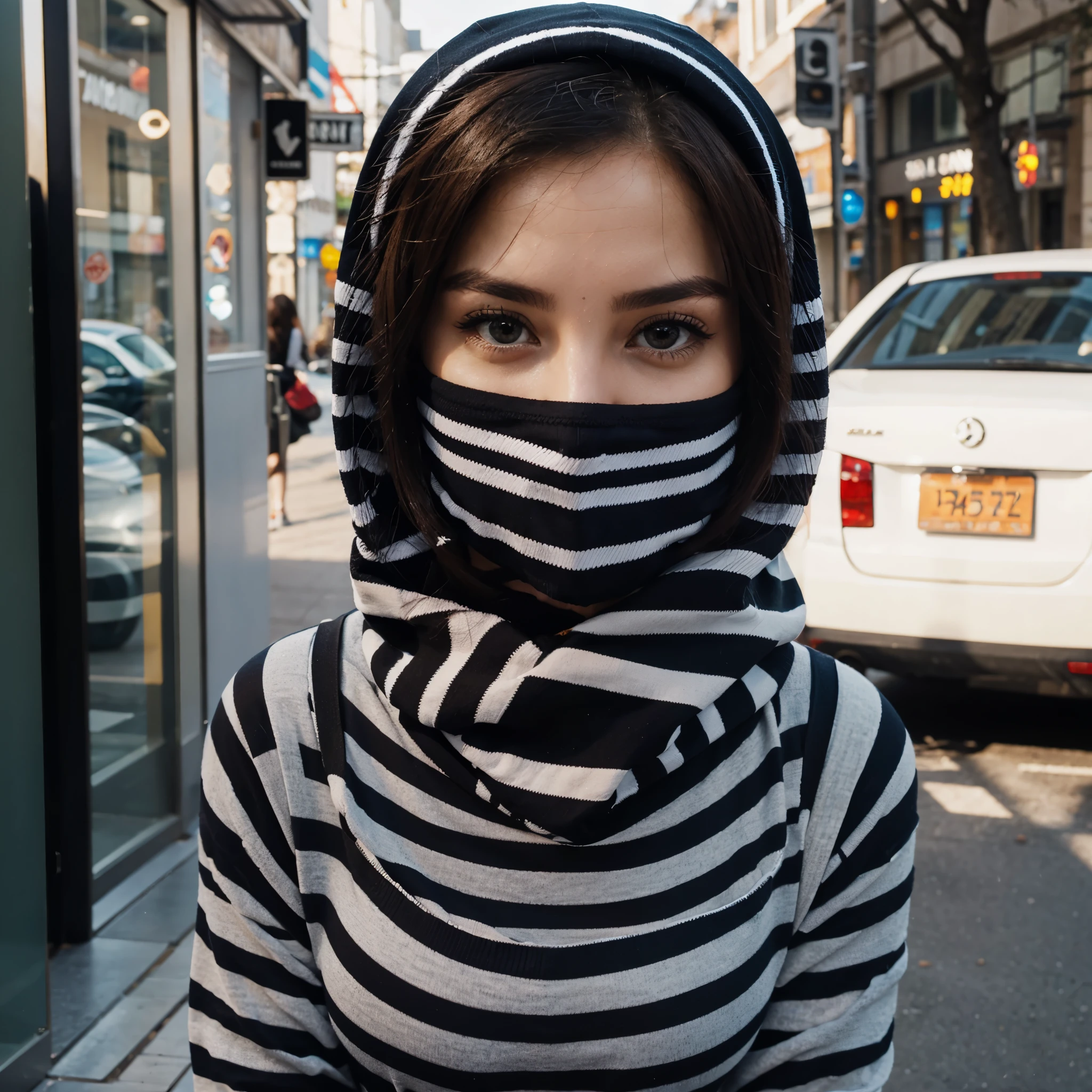 Beautiful girl robber in balaclava and striped clothes