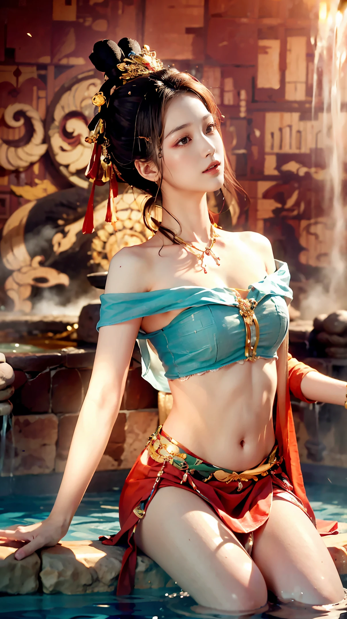 8k,best quality,Work,Very detailed,ultra high definition,Feeling,beautiful wallpaper,best masterpiece,Tyndall effect,Reality,Highest rendering,extremely beautiful face,ultra high definition晰度,exquisite facial expressions,Detailed description of face,Delicate hair features,look up,hair past shoulders,best quality,extremely high resolution。The heroine lies on her back in the antique hot spring pool,take off shoulders,clavicle,White bellyband,belly button,mini skirt,Slender jade legs,grapefruit model: Character 2, CFG scale: 7, Hire high-end talents: 1.5