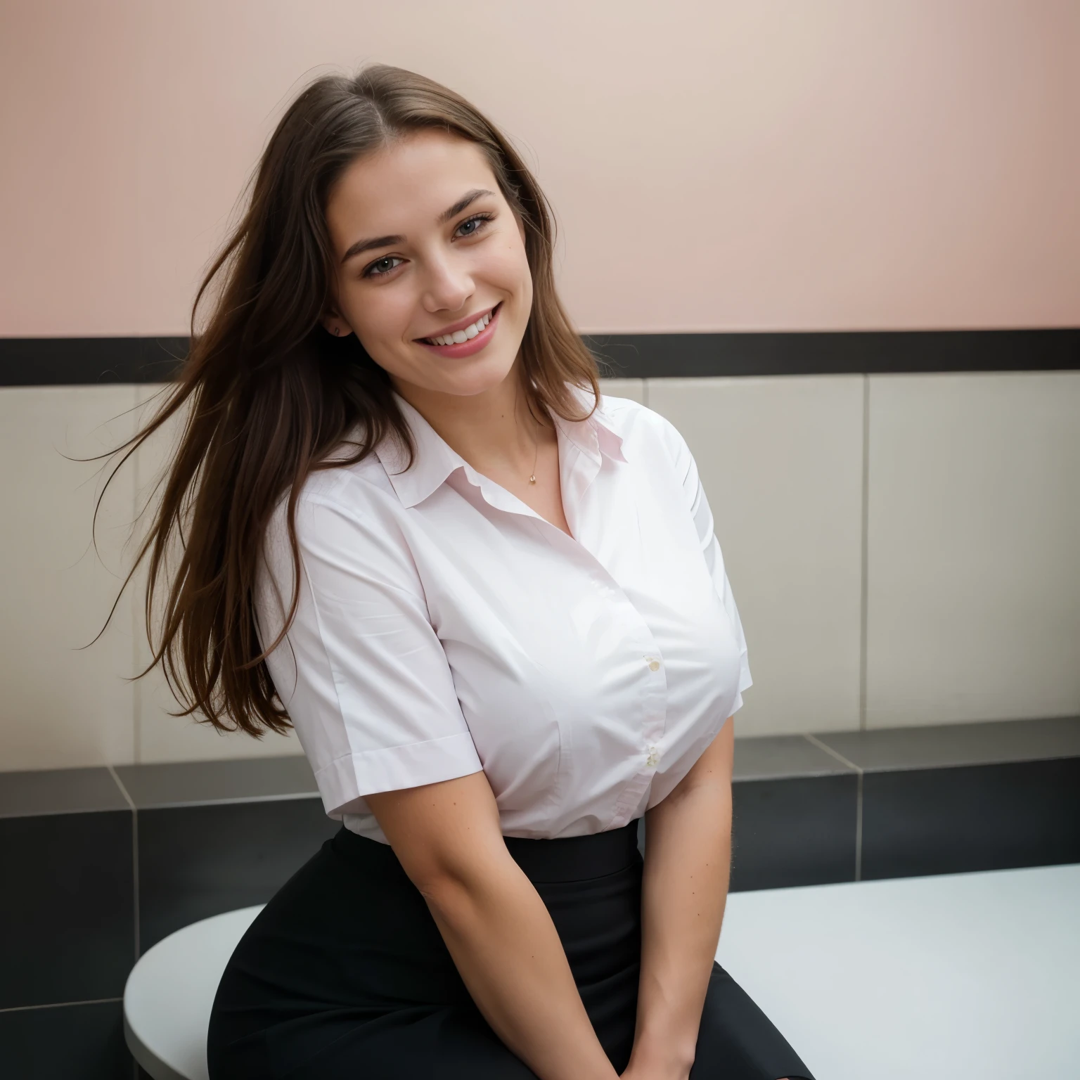 RAW, analog, Nikon Z 85mm,((best quality)), ((masterpiece)), ((realistic)),vintage image, gorgeous French woman, 18 year old, posing in a changing room, wearing black pencil skirt and pink office shirt big smile with teeth showing, (freckles:0.6), intricate details, highly detailed, sharp focus, professional, 4k, god rays, hand model, stunning blue eyes, petite, highres, detailed facial features, high detail, sharp focus, smooth, extremely detailed, photo_\(ultra\), photorealistic, realistic, post-processing, max detail, roughness, real life, ultra realistic, photorealism, 8k uhd, SEMI-SILHOUETTE light, russian face, big breast, curvy, roundy hips, pink office shirt
