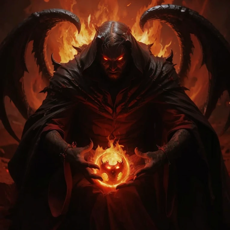 Flaming wings, levitating, Hell World, magma, Devil's double horns, red vampire face, Dark realistic style, 8k, super detail