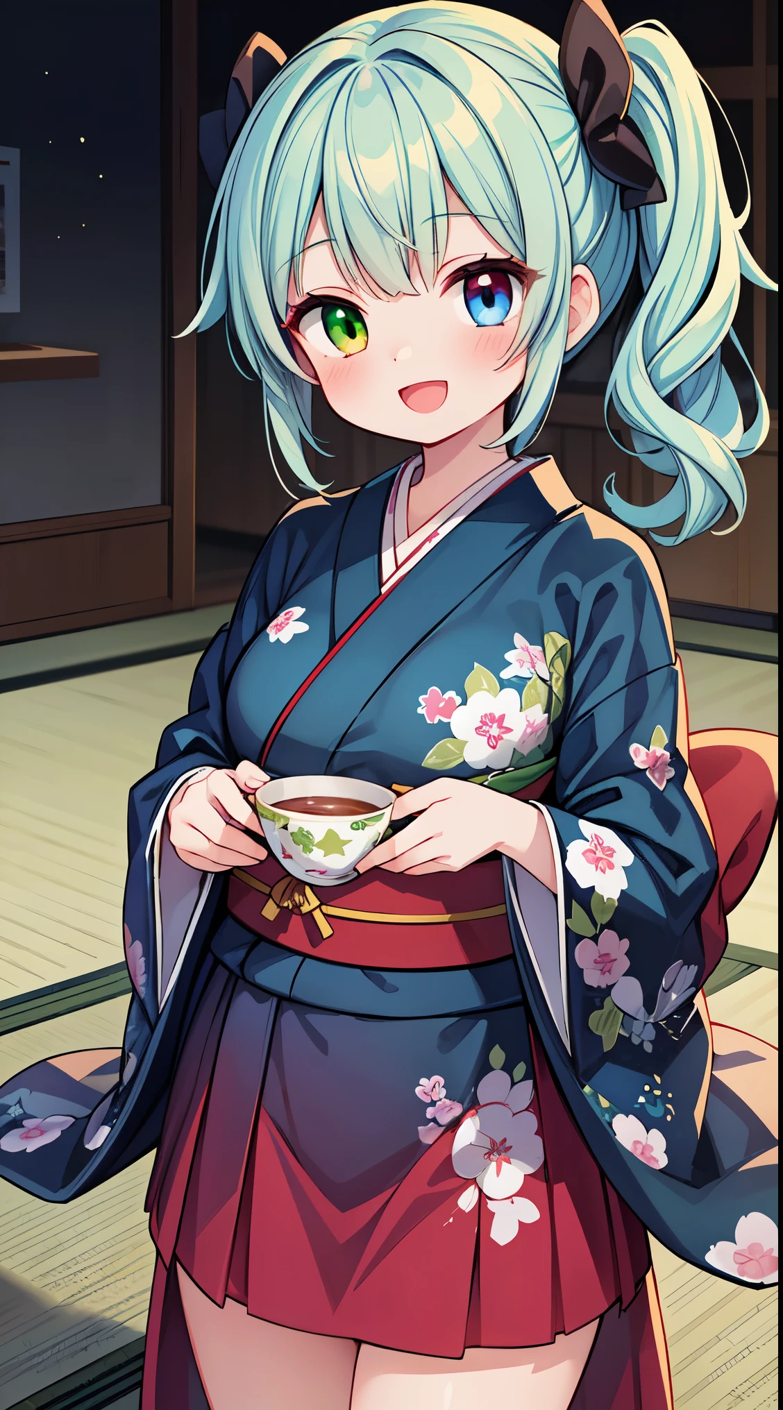 (masterpiece, top quality, best quality, official art, beautiful and aesthetic:1.2),ultra-detailed,intricate details,amazing illustration,award-winning art,atmospheric,
BREAK, 1 beautiful girl, (17 years old girl),Solo,(Cute:1.5),(Chibi:0.6),(kawaii:1.5),(Lori:0.5),BREAK,(17 years old girl), 1 beautiful girl,Very detailed,colourfull,highest details,Clear skin,Beautiful skin,Shy,Very detailed,colourfull,highest details,BREAK,Clear skin,Beautiful skin,Shy skin,BREAK,(Heterochromia,blue eyes,Green eyes, Eye Highlights,The first hyperfine stars:1.45),star eye silhouette ,BREAK,(pale blue hair, Medium length:1.4),(side ponytail,A little curly hair,Princess Cut, crossed bangs:1.3),(large breasts,Beautiful breasts(best quality face),(Top quality glowing eyes),(The best smile,:D:1.45), BREAK,
sitting, seiza, (green tea:1.2), (chasen, chado, sado, yunomi, chaki:1.3),centered, looking at viewer, hands on stomach
BREAK japanese clothes, kimono, flower printed kimono, long skirt
BREAK japanese room, tatami, shou BREAK,wakame,wakame,wakame,(Cowboy Shot:1.4),
BREAK,(Blurry background:1.3),(absurderes, hight resolution, Super Detail Art),cel shading,Clear Color, Lonely optical effect, Beautiful pictures, Bright glow, mystic atmosphere,(Close-up of girl:1.1), Mystical light particle effect,manga influence, clean line drawings,