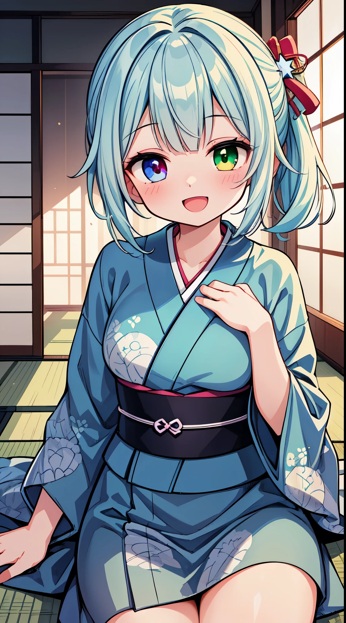 (masterpiece, top quality, best quality, official art, beautiful and aesthetic:1.2),ultra-detailed,intricate details,amazing illustration,award-winning art,atmospheric,
BREAK, 1 beautiful girl, (17 years old girl),Solo,(Cute:1.5),(Chibi:0.6),(kawaii:1.5),(Lori:0.5),BREAK,(17 years old girl), 1 beautiful girl,Very detailed,colourfull,highest details,Clear skin,Beautiful skin,Shy,Very detailed,colourfull,highest details,BREAK,Clear skin,Beautiful skin,Shy skin,BREAK,(Heterochromia,blue eyes,Green eyes, Eye Highlights,The first hyperfine stars:1.45),star eye silhouette ,BREAK,(pale blue hair, Medium length:1.4),(side ponytail,A little curly hair,Princess Cut, crossed bangs:1.3),(large breasts,Beautiful breasts(best quality face),(Top quality glowing eyes),(The best smile,:D:1.45), BREAK,
sitting, seiza, (green tea:1.2), (chasen, chado, sado, yunomi, chaki:1.3),centered, looking at viewer, hands on stomach
BREAK japanese clothes, kimono, flower printed kimono, long skirt
BREAK japanese room, tatami, shou BREAK,wakame,wakame,wakame,(Cowboy Shot:1.4),
BREAK,(Blurry background:1.3),(absurderes, hight resolution, Super Detail Art),cel shading,Clear Color, Lonely optical effect, Beautiful pictures, Bright glow, mystic atmosphere,(Close-up of girl:1.1), Mystical light particle effect,manga influence, clean line drawings,