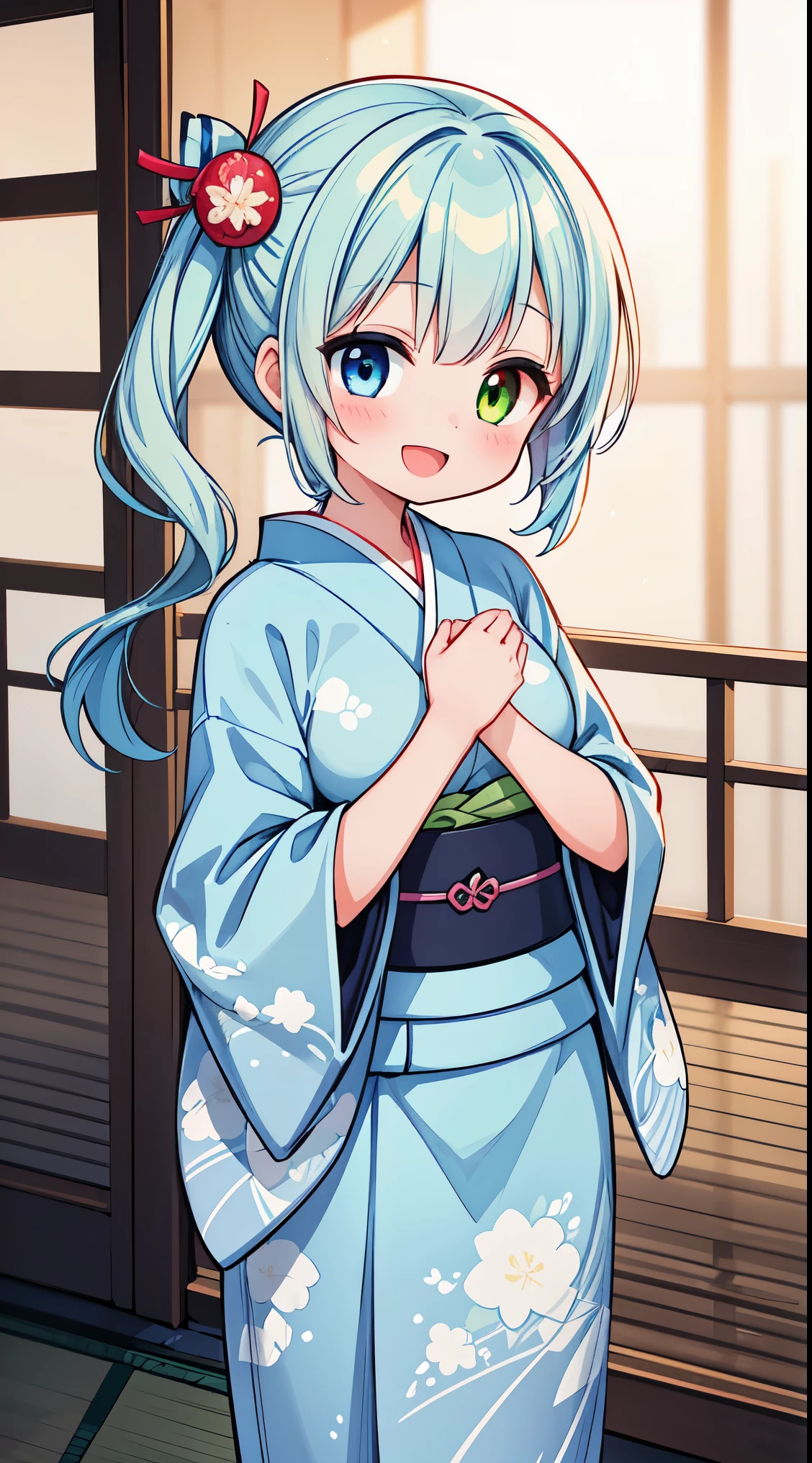 (masterpiece, top quality, best quality, official art, beautiful and aesthetic:1.2),ultra-detailed,intricate details,amazing illustration,award-winning art,atmospheric,
BREAK, 1 beautiful girl, (17 years old girl),Solo,(Cute:1.5),(Chibi:0.6),(kawaii:1.5),(Lori:0.5),BREAK,(17 years old girl), 1 beautiful girl,Very detailed,colourfull,highest details,Clear skin,Beautiful skin,Shy,Very detailed,colourfull,highest details,BREAK,Clear skin,Beautiful skin,Shy skin,BREAK,(Heterochromia,blue eyes,Green eyes, Eye Highlights,The first hyperfine stars:1.45),star eye silhouette ,BREAK,(pale blue hair, Medium length:1.4),(side ponytail,A little curly hair,Princess Cut, crossed bangs:1.3),(large breasts,Beautiful breasts(best quality face),(Top quality glowing eyes),(The best smile,:D:1.45), BREAK,
sitting, seiza, (green tea:1.2), (chasen, chado, sado, yunomi, chaki:1.3),centered, looking at viewer, hands on stomach
BREAK japanese clothes, kimono, flower printed kimono, long skirt
BREAK japanese room, tatami, shou BREAK,wakame,wakame,wakame,(Cowboy Shot:1.4),
BREAK,(Blurry background:1.3),(absurderes, hight resolution, Super Detail Art),cel shading,Clear Color, Lonely optical effect, Beautiful pictures, Bright glow, mystic atmosphere,(Close-up of girl:1.1), Mystical light particle effect,manga influence, clean line drawings,