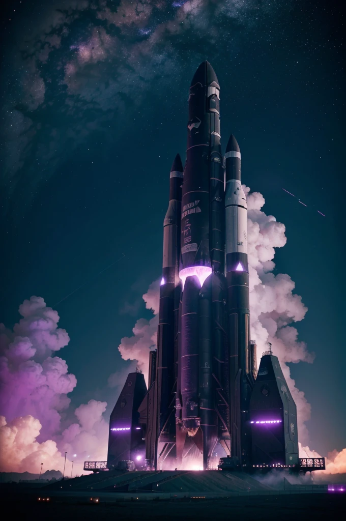 monumental space rocket taking off, purple colors blue colors green colors and hue, colorfull smoke around, fog around, futuristic image, best quality, abstract, neon lights, masterpiece