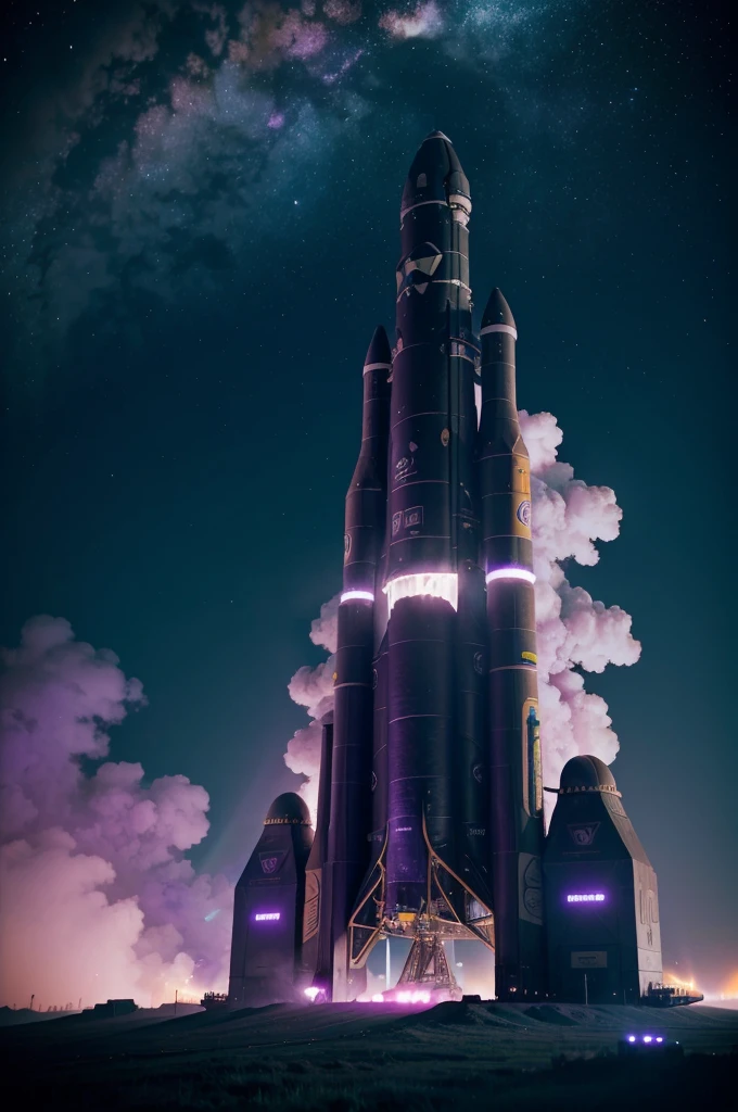 monumental space rocket taking off, purple colors blue colors green colors and hue, colorfull smoke around, fog around, futuristic image, best quality, abstract, neon lights, masterpiece