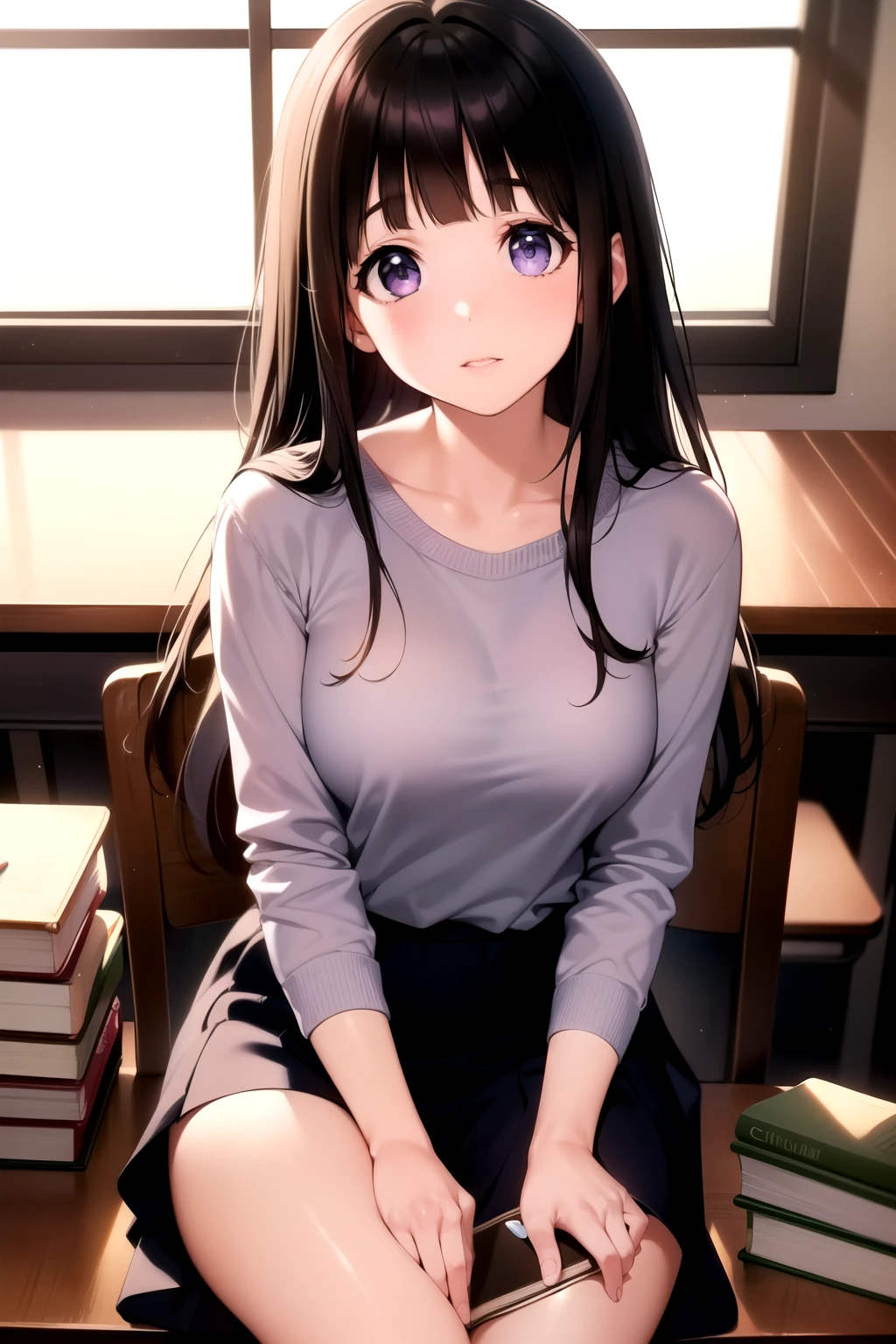 (A superb exquisite Chitanda Eru), (mature face), purple eyes, long black hair, natural straight hair, straight bangs, solo, [Small_breasts: large_breasts: 0.5], normal breasts, (doing homeworks, books, sitting in classroom, casual clothes), extremely delicate, peerless beautiful girl, dreamy quality, exaggerated facial features, solid color, delicate face, bright lips, slender waist, straight curves, soft lights and shadows, super fine, 8K HD, (masterpiece:1.4), (finely detailed beautiful eyes: 1.2)