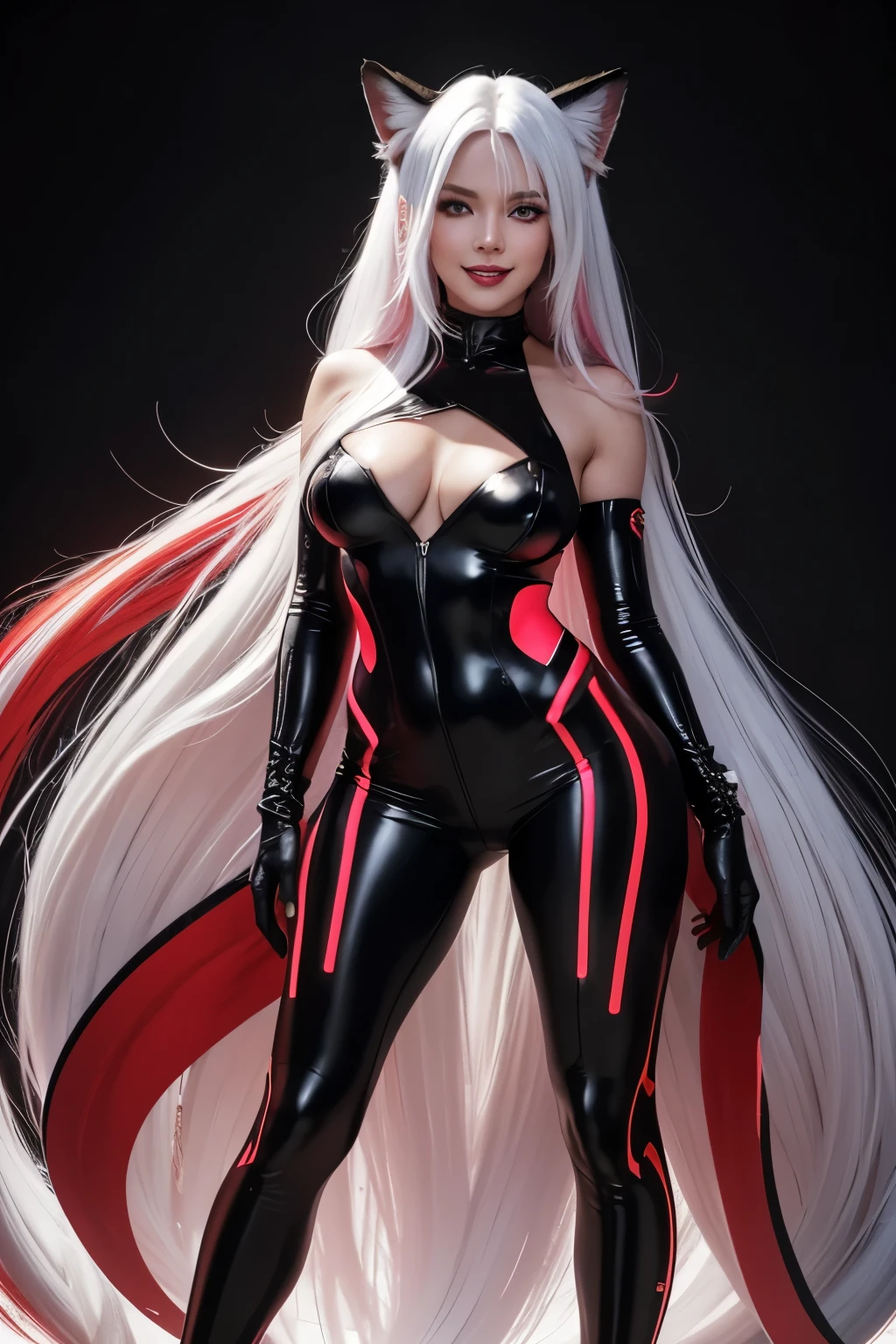 naked standing woman, red neon latey , black sexy suit, pretty face, full body, focus on medium size breasts, long white hair, finely detail, multicolored hair, crazy eyes, makeup, smile, glowing light, Wide-Angle, masterpiece, best quality, high details, fox tail