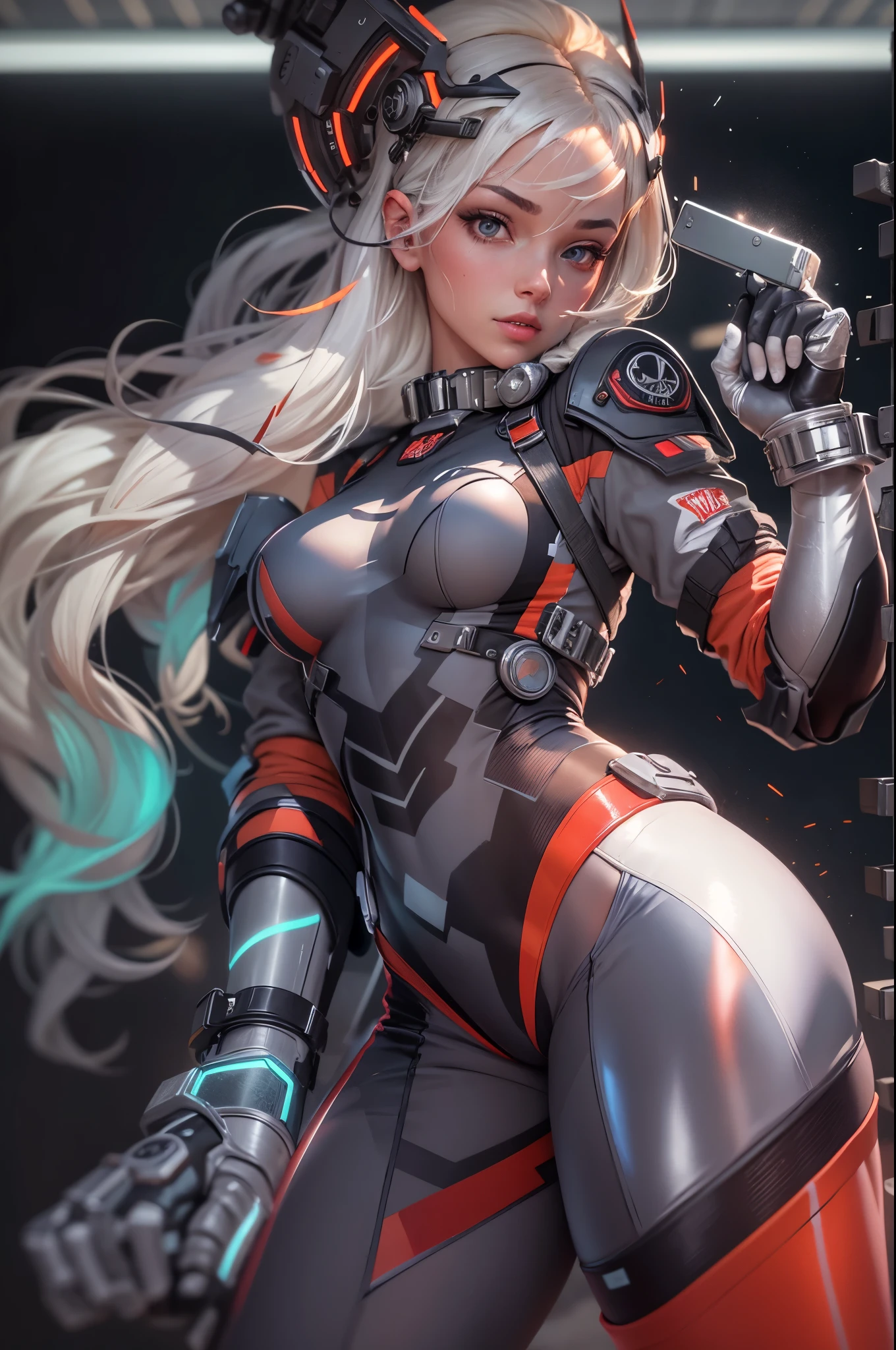 1girl,Future technology clothing,(Red latex tights:1.3),(Luminous array lights on clothes),Soft light,Mechanical belt,(high-tech weapon:1.3),Future technology hair bundle,Android,Super Soldier,dynamic poses,shooting,Holographic screen background,Super stunning graphics,super wide shot,best quality,masterpiece,8k,Unreal 5 rendering,High chiaroscuro,