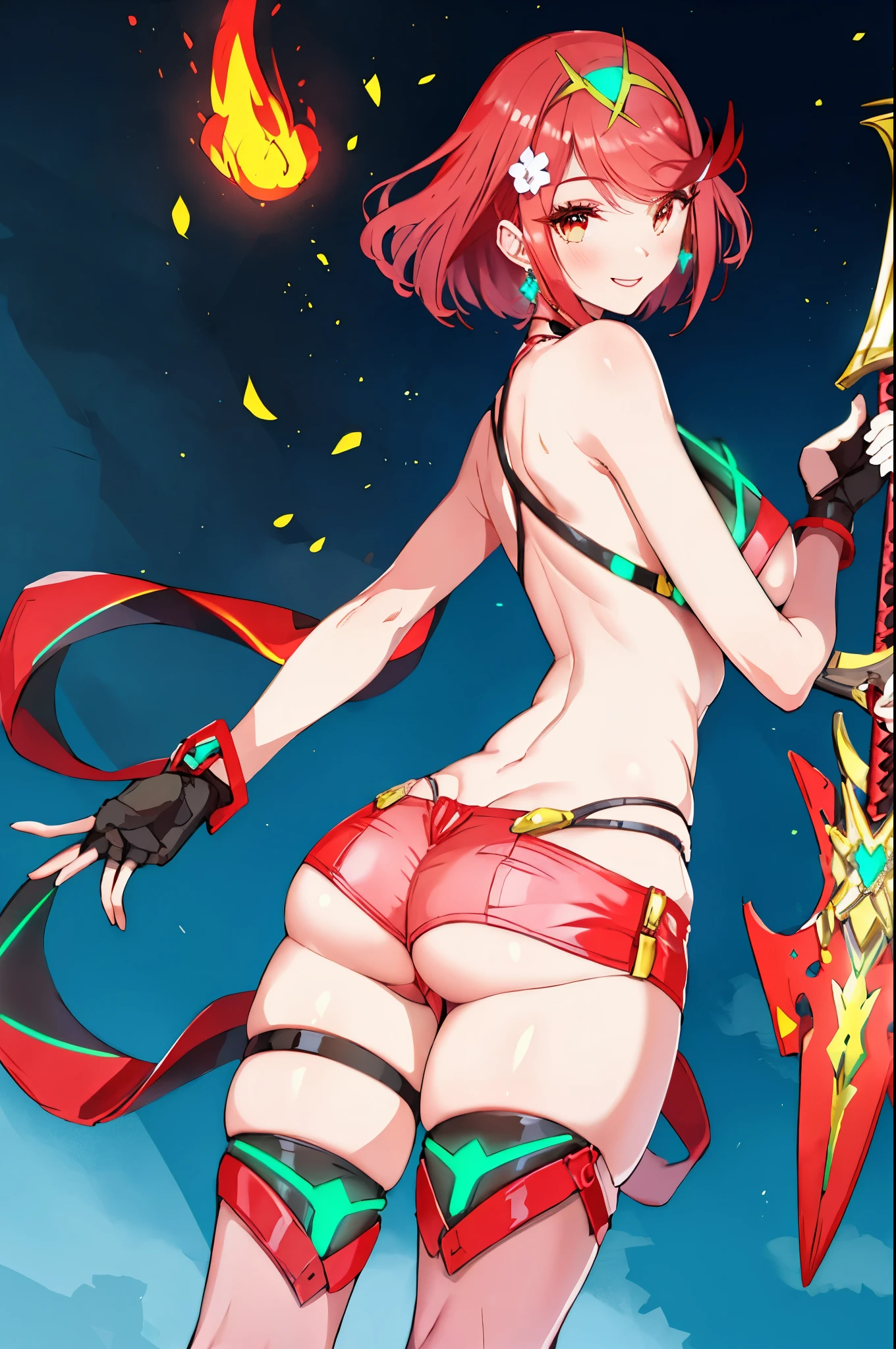 pyra \(xenoblade\), _1girl, lolibangs, black gloves, breasts, red eyes, shout, earrings, eyelashes, fingerless gloves, floating hair, , gem, gloves, hair ornament, headpiece, jewelry, big_breasts, leaning back, swimsuit, neon trim, official art, pose, red hair, saitou masatsugu, short hair, sidelocks, skin tight, solo, swept bangs, thighhighs, tiara, fantasy_town_background, underbust, xenoblade chronicles \(series\), (xenoblade chronicles 2), (spread_legs:1.1), fire_effect,fighting,light_smile, (plump:1.1), big_ass,huge_sword, hold_large_sword_hilt, covered_nipples, covered_pussy, fists,beautiful_fingers,(solo:1.1), bare_shoulder,(shoulder_naked:1.2), (very_short＿shorts:1.3),(lise_leg:1.4)