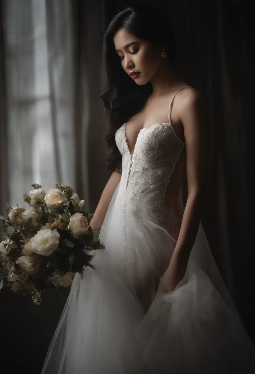 ultra realistic photo, full body, standing, of a beautiful woman from Indonesia, 20 years old, in jugle, dark background, she is just wearing a white bra and underpants, her feet and hands are wearing bridal stockings, her long black hair is blowing in the wind, her head is wearing short Wedding veil a bridal ornament, perfectly proportional body. Sad face and sharp gaze, hands holding flowers. Soft lighting, front lighting, lighting focus on models
