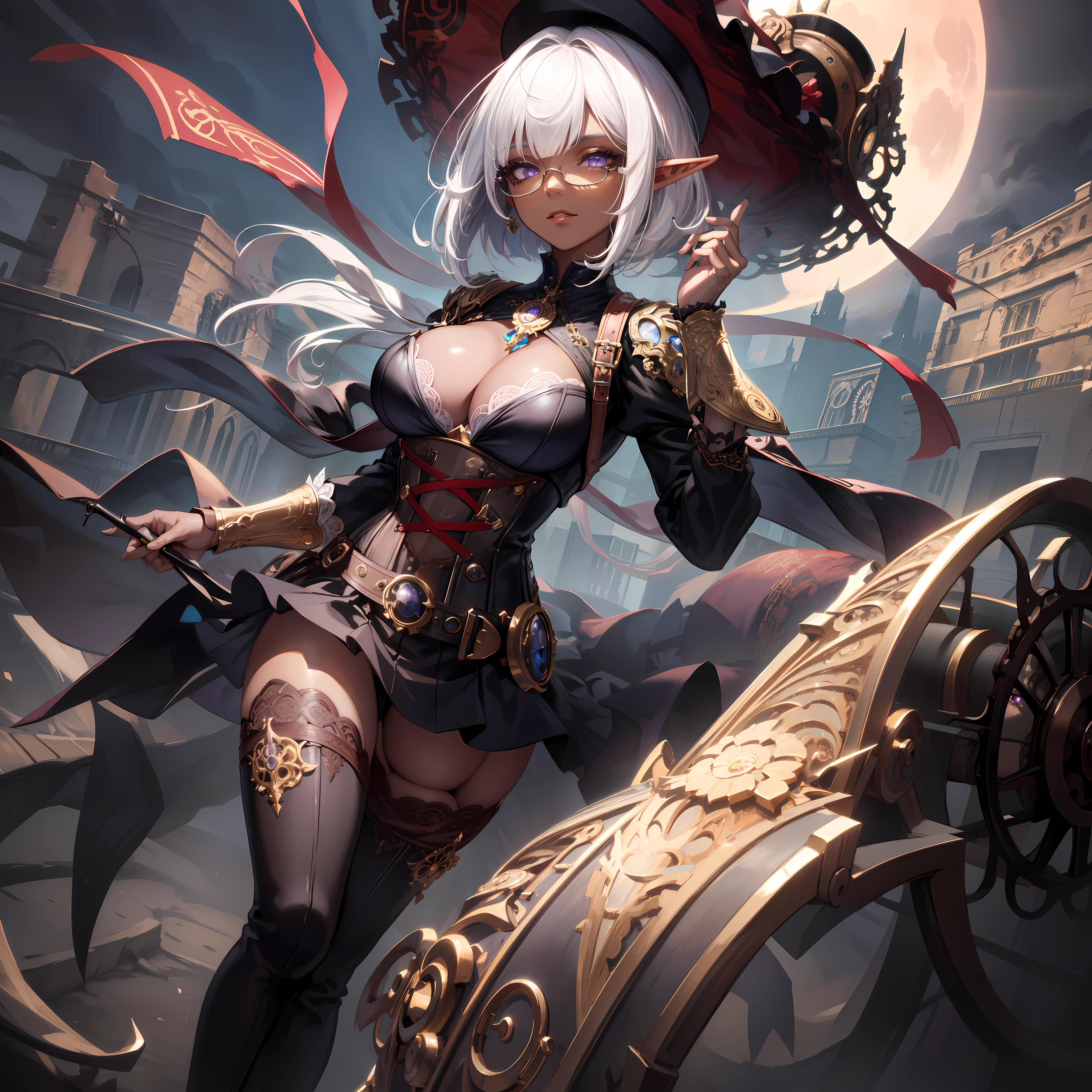 (masterpiece )), (top quality), (best quality), ((ultra-detailed, 8k quality)), Aesthetics, Cinematic lighting, (detailed line art), Beautiful digital artwork, Exquisite digital illustration, absurdres,
BREAK,
Milf Dark Elf Woman in steampunk costume, portrait, wearing steampunk attire, ((Steampunk)), (glasses), deep_cleavage, shiny skin,(steampunk_costume), corset, Hat, skirt, corset, thighhighs, boots, thigh boots, cinematography, crafted, elegant, Dynamic angle, full moon sky, dark night Background, (background Set in a steampunk Architecture),
BREAK,
highly detailed of (dark elf), (1girl), perfect face, details eye, Bob cut hair, Blunt bangs, (hair between eye), blonde white hair, (violet eyes), eyelashes, eyeshadow, pink eyeshadow, glaring, smile, design art by Artgerm, by Kawacy, By Yoshitaka Amano,
BREAK,
((perfect anatomy)), nice body, medium breast, (extremely detailed finger), best hands, perfect face, beautiful face, beautiful eyes, perfect eyes, perfect fingers, correct anatomy, ((dark skin)),