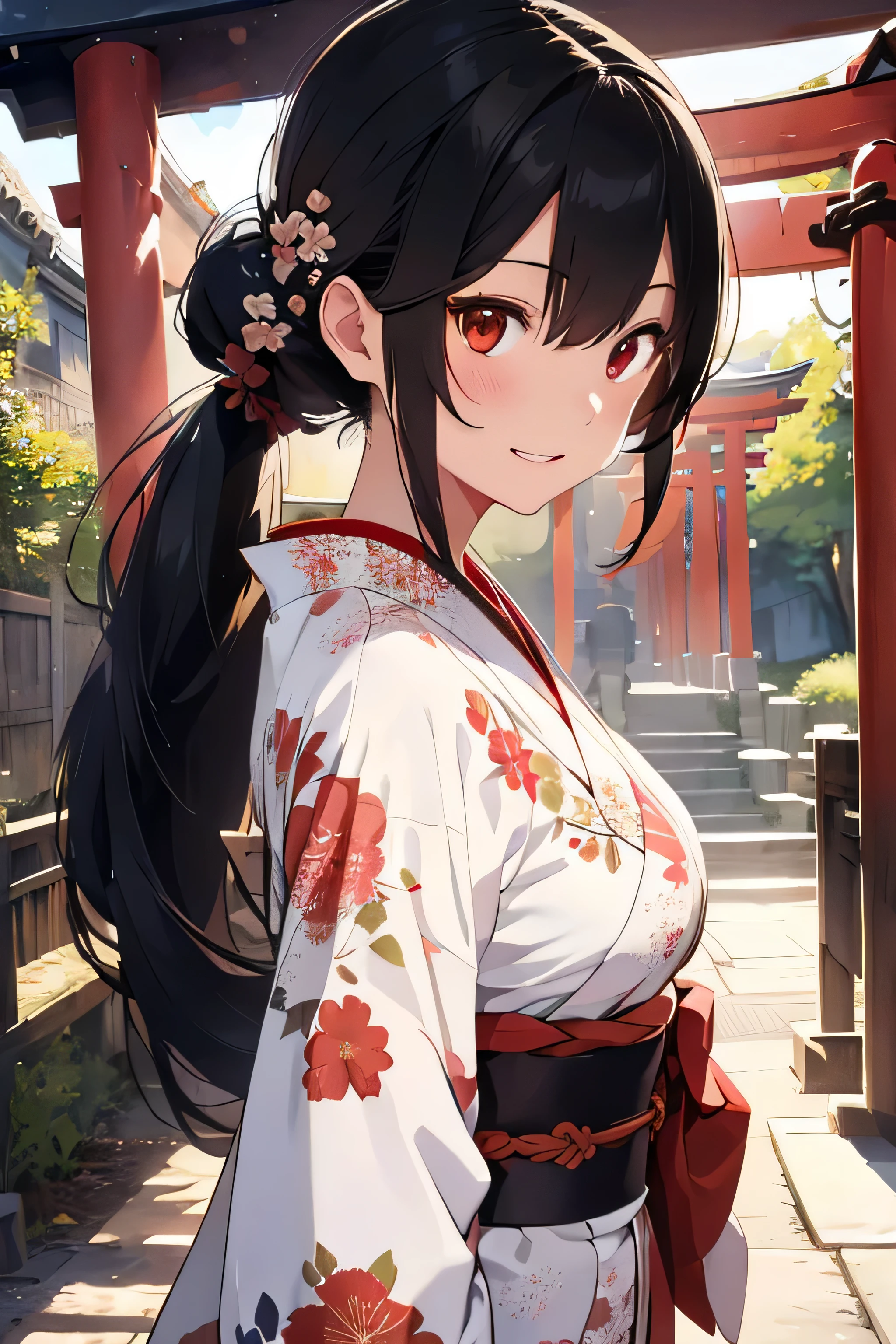 cute illustration、(1black haired woman、slender body shape、small breasts、thin face、All long hair up-style、realistic woman、Gorgeous white and red floral kimono、Furisode、Ōobi)、smile、shrine、torii、Light is shining from behind、whole body