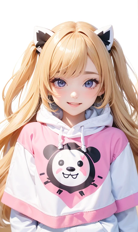 (master piece) (best quality) (8k resolution) (sharp fokus) (ultra detailed) 1girl, blonde long hair, purple shining eyes, happy smile, wear a monokuma hoodie