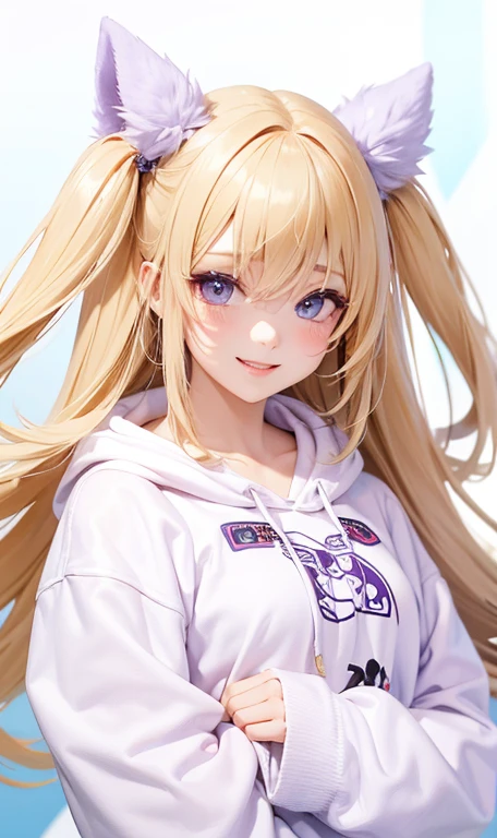 (master piece) (best quality) (8k resolution) (sharp fokus) (ultra detailed) 1girl, blonde long hair, purple shining eyes, happy smile, wear a monokuma hoodie