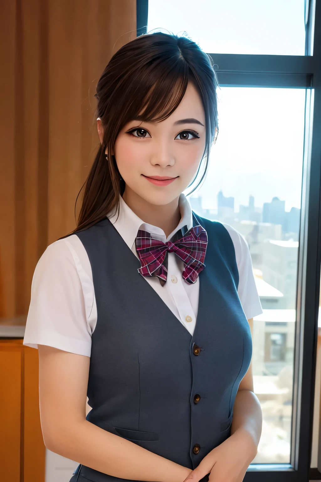 1girl,matured female,vest,bow,photo,realistic,best quality,hires,detailed face,office,buildings from window,detailed background,diffused sunlight,depth of field,bokeh