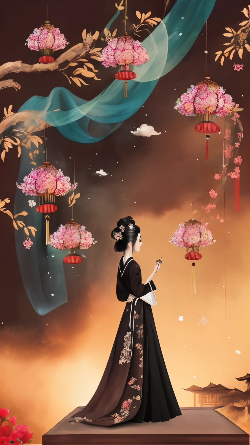 ink painting，watercolor smudge，1 girl, solo, long hair, black hair, hair accessories, long sleeves, close eyes, flower, outdoor, sky, 毛flower, from behind, sash, contour, make up, night, China costume, night空, light particles, lantern, architecture, 纸lantern, Hanfu，1 girl, solo, black hair, hair accessories, long sleeves, Gorgeous silk dress, Hanfu，belt，long sleeves，damask，hold, jewelry, Shut up, Permanent, whole body, flower, bun, vague, from the side, flower瓣, contour, night, China costume, 单bun, flower朵装饰的发簪，散开的long hair，红flower, night空, light particles,黄金jewelry， bead, architecture, updo, Hanfu，high quality, best quality,8K CG, Ultra-detailed, HD, masterpiece, Watercolor oil painting，丹青ink painting，ink painting彩晕染，bling，antique art，The background is decorated with auspicious clouds and silk ribbons，Elegant and peaceful atmosphere，Concept art illustration，Light painting rendering，Zen style, In line with Chinese aesthetics，The beauty of imaginary artistic conception，Beautiful digital illustration，粉红色的桃flowerflower瓣围绕着她