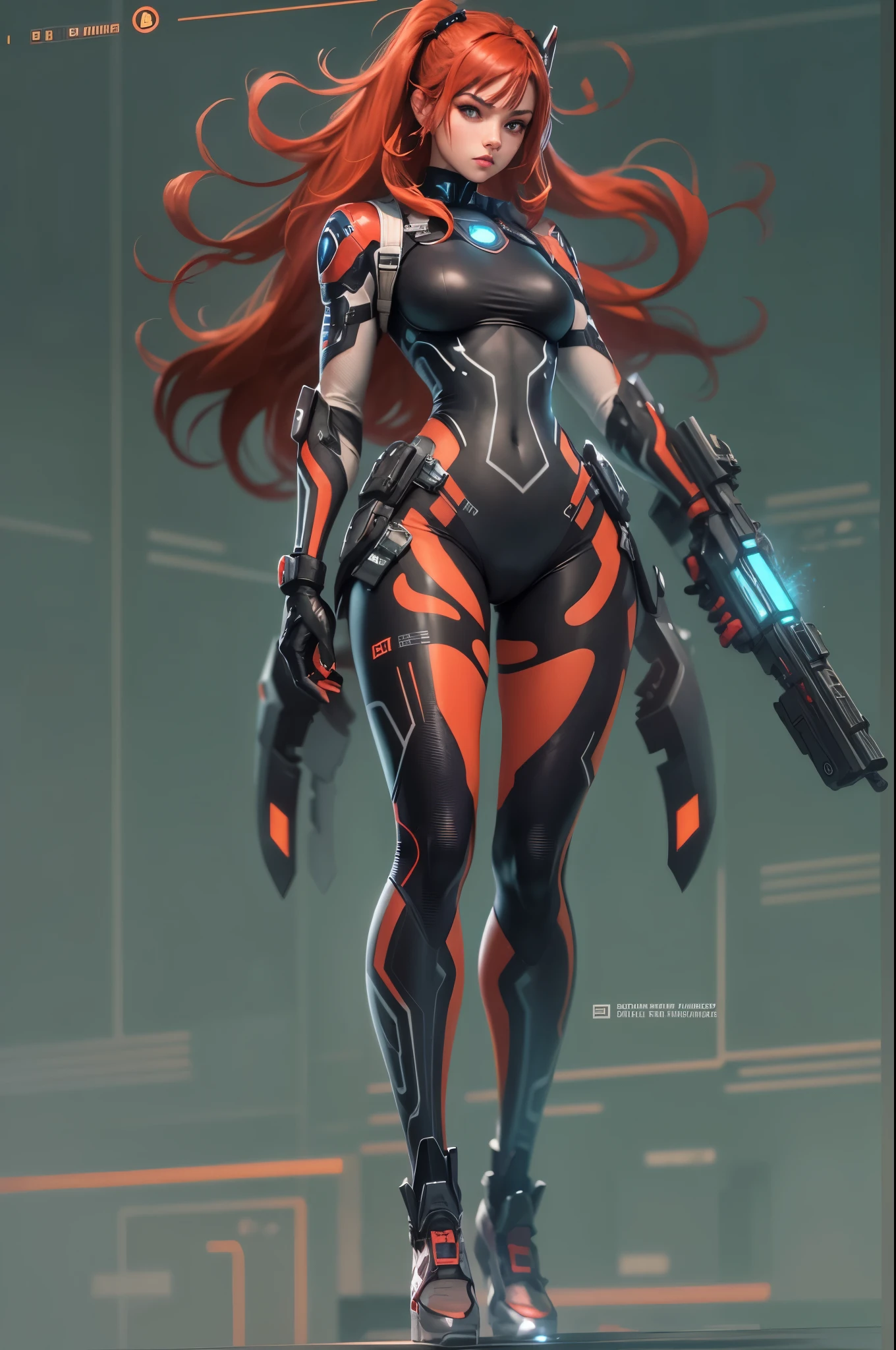1girl,Future technology clothing,(Red latex tights:1.3),(Luminous array lights on clothes),Soft light,Mechanical belt,(high-tech weapon:1.3),Future technology hair bundle,Android,Super Soldier,dynamic poses,shooting,Holographic screen background,Super stunning graphics,super wide shot,best quality,masterpiece,8k,Unreal 5 rendering,High chiaroscuro,