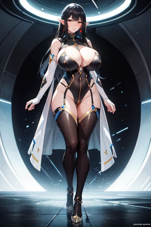 1girl, standing, looking the viewer, (((huge breasts))), massive breasts, (very large breasts:1.3), big ass, large tights, cover chest, beautiful adult woman, high elf, long hair, black hair, amber eyes, (black futuristic sci-fi bodysuit), bodystocking, Ultra Quality, Masterpiece,Ethereal,Ultra-Detailed,8K, inside spaceship background, serious expression, blush