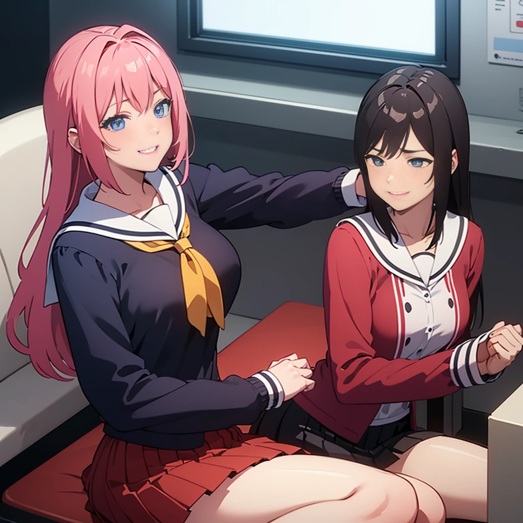 1girl, female focus, boku no hero academia, masterpiece, best quality, very aesthetic, big breasts, long wavy hair, tea-pink hair, pink eyes, smile, gray jacket, red tie, white shirt, teal pants, boots