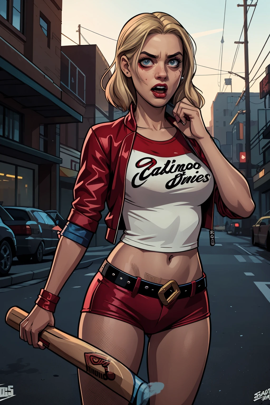 estilo GTA, tela de carregamento GTA, GTA art, Retrato de Harley Quinn in dynamic pose, in The Walking Dead style , (((baseball bat in hand))), ((mad facial expression)), crazy girl, rindo, noite, altamente detalhado, rosto detalhado, epic, high definition shooting, retrato digital, Lindo, Art Station, comiс style, ((hot body, hot girl, sensual, sexy)), comic, The Walking Dead style. ((a destroyed city background, fogo, smoke, blast)).