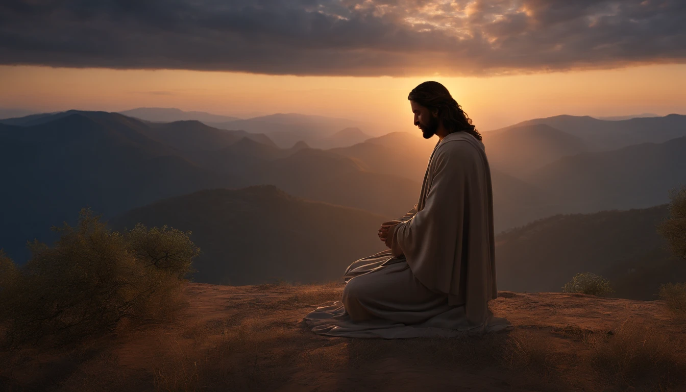 Jesus praying on his knees at dawn., Ultra High Definition |, Realista, vivid colors, muy detallado, UHD Design, Pluma y tinta, perfect composition, Beautiful Incredibly Detailed Octane Render Trending on ArtStation, 8 k artistic photography, arte conceptual fotorrealista,