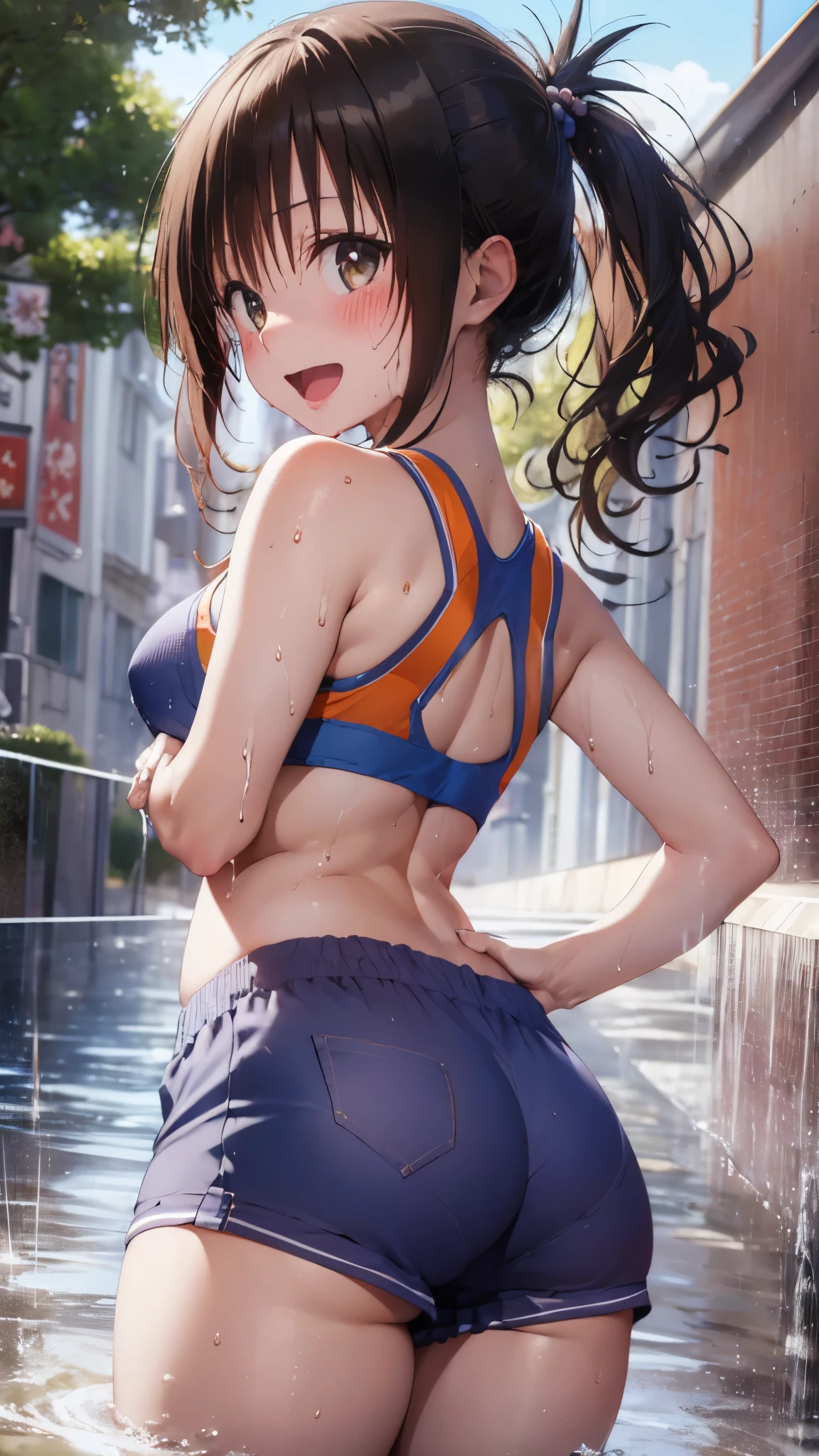 1 female,black hair,((************)),(((White and blue sports bra and shorts)))(((blush、open mouth smile)),(((Yuki Mikan))),crowd(**** girl body shape)(((small breasts)))Look back and look back,((wet with sweat))Outside playground,Mansuji