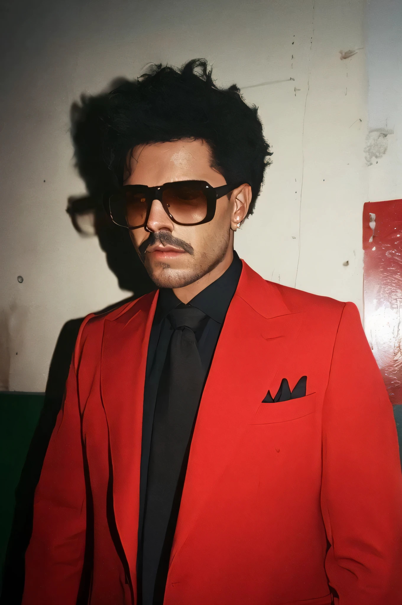 faaris azura in a red suit and sunglasses standing, wearing a black and red suit, faaris azura with a childish look, faaris azura in a red and black suit, real-life brook, in suit with black glasses, taken in the early 2020s, faaris wearing a black and red suit and wearing red tainted glasses, faaris azura with a nose bandage, faaris azura with broken nose bandages and blood on his nose, faaris azura 