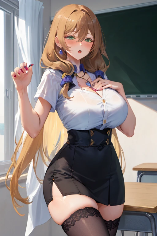 Lisa, genshin impact, 1 girl, alone, ((white shirt)), black Thighhighs, huge breasts, cleavage, uniform, office background, black skirt, pleated skirt, office, hair between eyes, messy hair, large chest, long hair, looking at the viewer, brown hair, red short nails, green eyes, alone, Thighhighs, thick thighs, very long hair, ((masterpiece)), classroom, machine, Chair, board, class board, adult woman, sexy woman, Put your hands on your chest, blush, open your mouth, eyes half closed