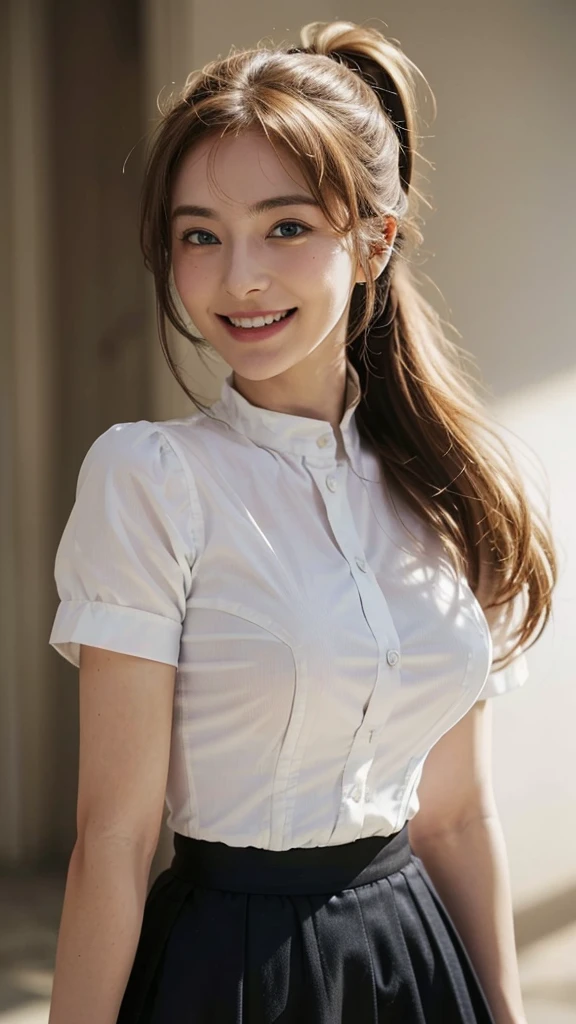female,12 2 years old,golden hair,blue eyes,Hair pins, (look at viewer)),(Big smile:1.3), (blurred background),(There's no one behind it.:1.3), clear eyes, walking place, (Pale skin), (Big eyes), Facing Forward, (brown hair), (Take the whole body), , ((Black high waisted skirt)), , (look at viewer:1.3) Breast Opening, very slim, Medium bust, Before drawing eyebrows, thick thighs((white shirt:1.3)), (Two-breasted,under bust:1.2), short sleeve, Gap button,corset belt,beautiful ponytail,