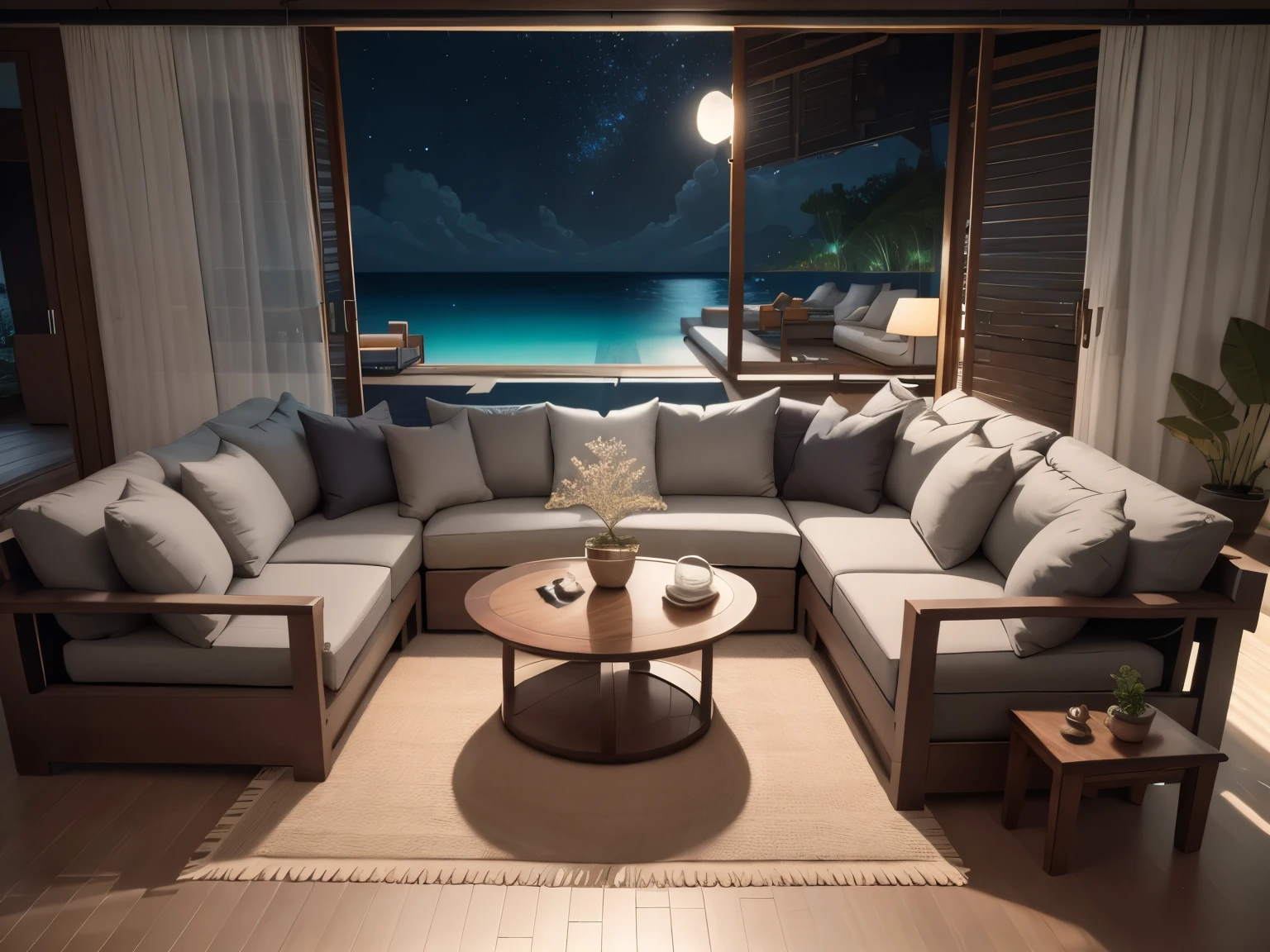 Best quality, ultra-detailed, Bali style living room, long gray satin sofa at the centre, wooden side table, side lamp, Background :wide open sliding door, night beach panorama, sky, cloud, window, pillow on sofa, night sky, starry sky, cushion, curtains, realistic, POV on sofa sliding door view