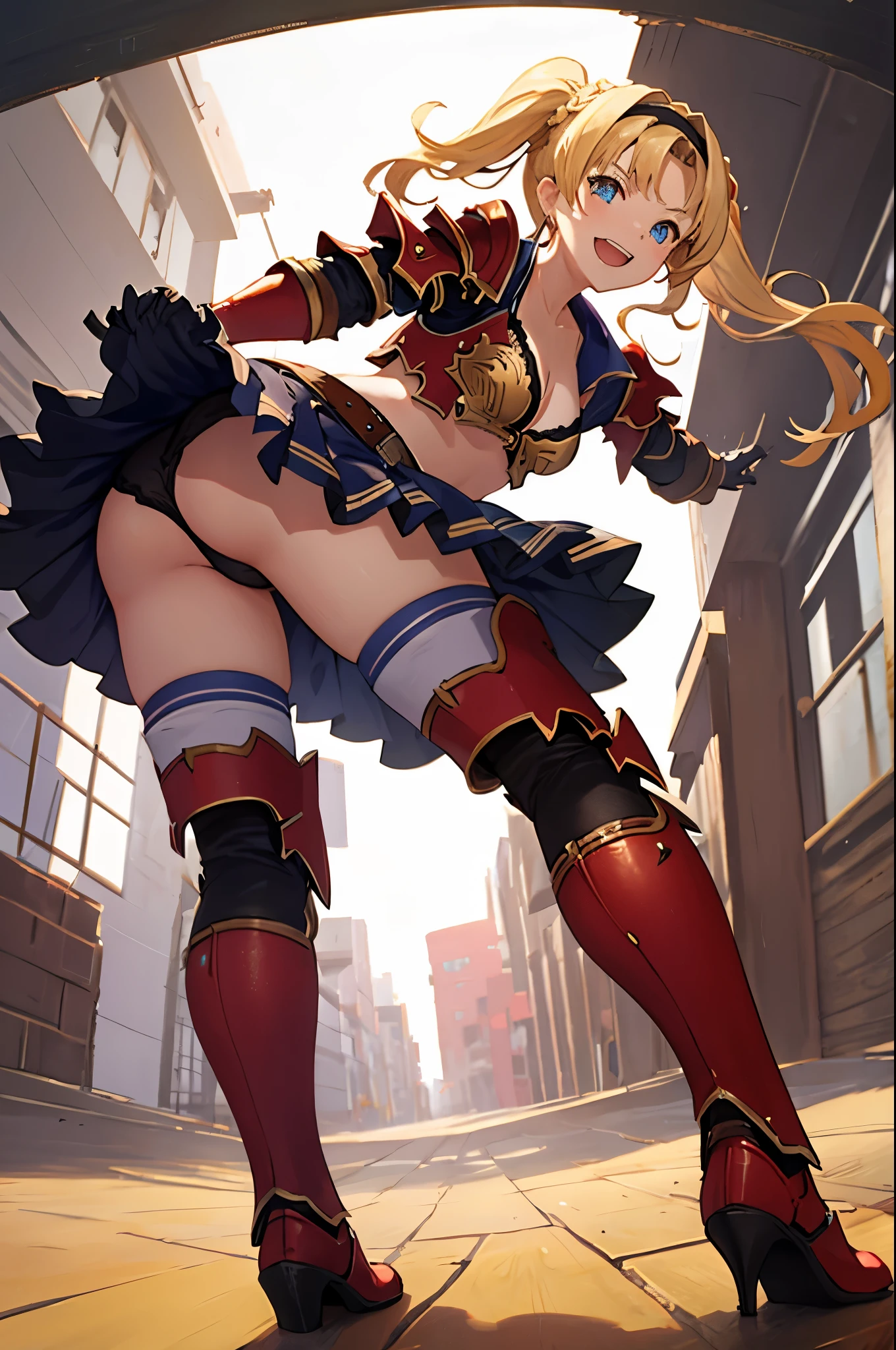 zetadef, braid, hair intakes, twintails, hairband, red armor, shoulder armor, skirt, thighhighs, gauntlets, belt, midriff, cleavage
naughty smile, open mouth,
,{{{stick out butt:2.0}}},,looking back over the shoulder,standing, full body,i can see panty
,look down at viewer, learning forward, looking down at viewer, (from below:1.2),{{{lower body shot1.5}}}, View from below, {{{View from the back:1.5}}}, very low - angle,
(Best Quality,masutepiece:1.3),absurderes,high resolution,absurderes, Perfect Skin, Detailed skin texture, ultra-detailliert, 8K, Intricate details, beautifull detailed face,hight resolution,