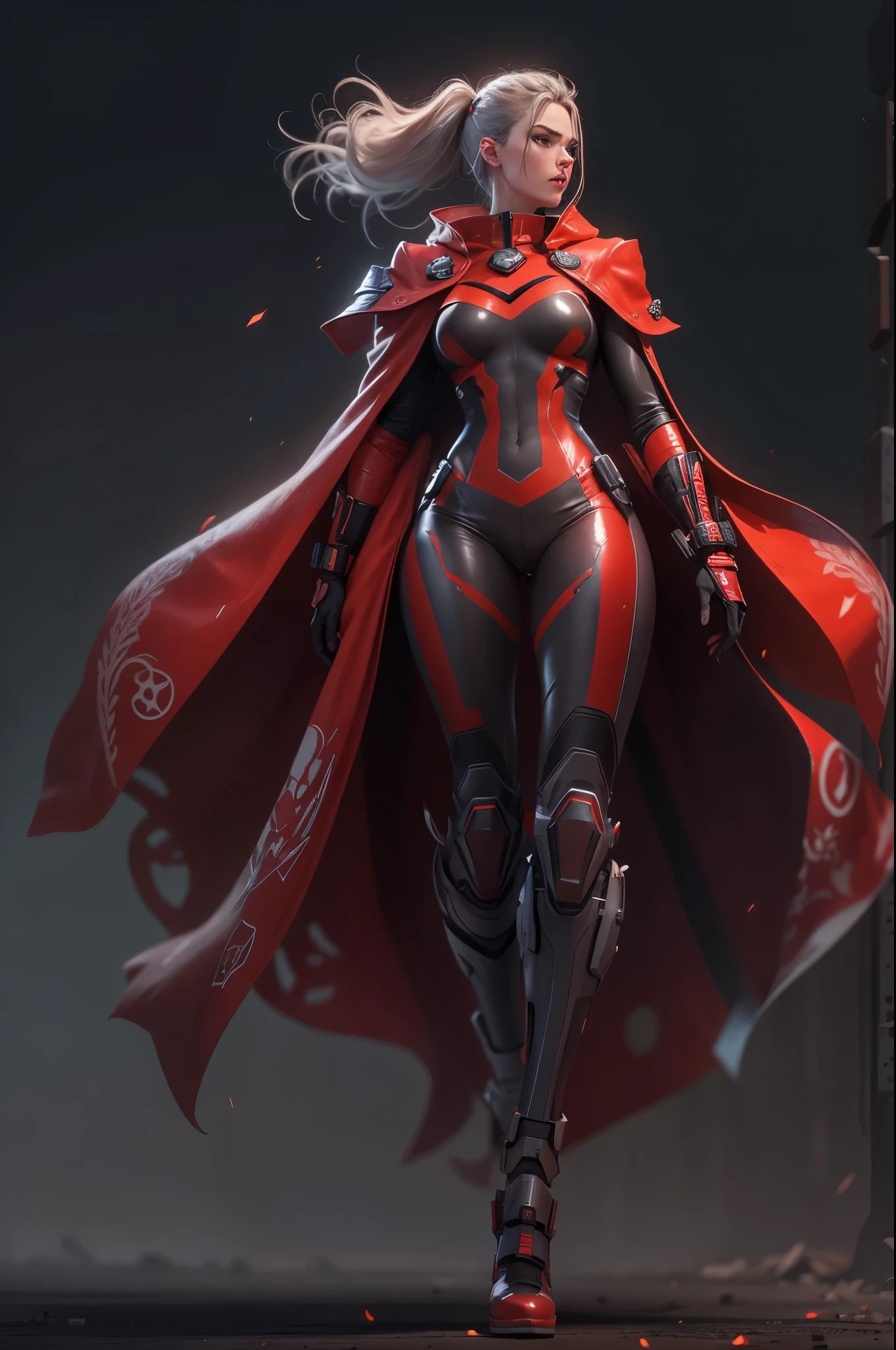 1girl,Future technology clothing，（Red latex tights：1.3），（Luminous array lights on clothes），Soft light，Mechanical belt，（high-tech weapon：1.3），Future technology hair bundle，Android，Super Soldier，dynamic poses，shooting，Holographic screen background，Super stunning graphics，super wide shot，best quality，masterpiece，8k，Unreal 5 rendering，High chiaroscuro，