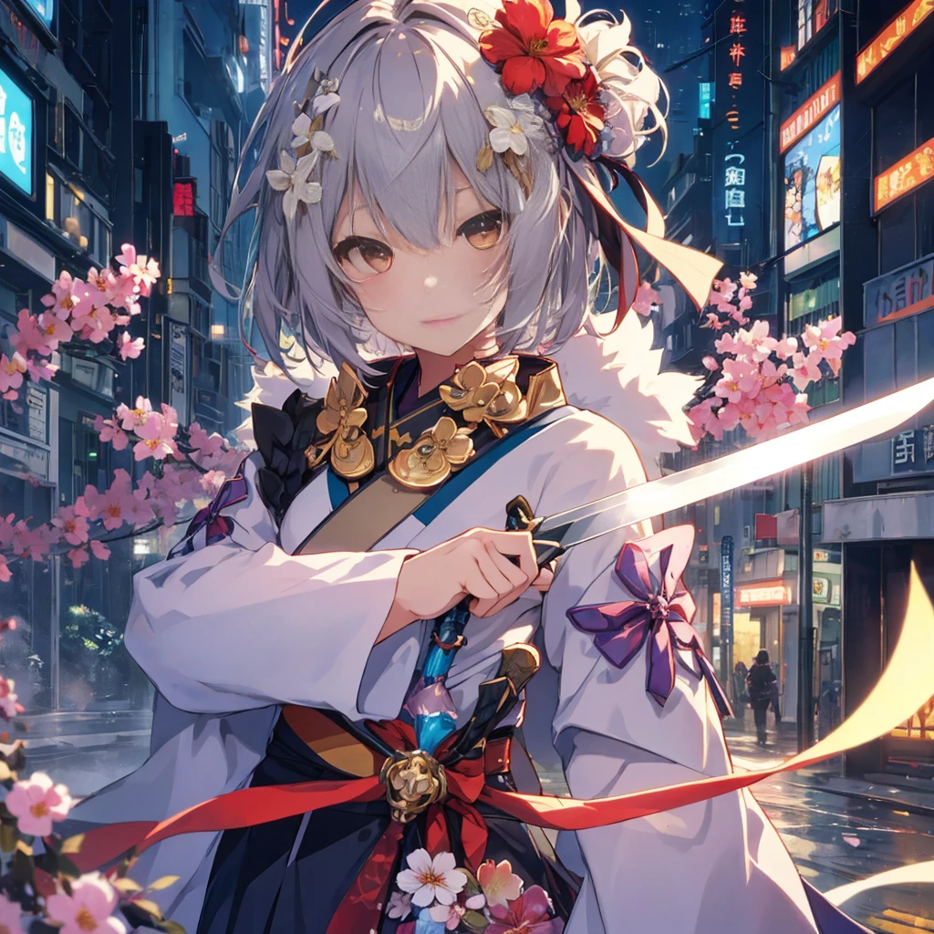 1 girl、solo、bust、Gaze averting、gray hair、hair ornaments、kimono、background of a futuristic city、Hold in hand、short hair、Brown eyes、From the side、Upper body、(arms、sword、armsを持つ)、blade、gem、flower、髪にflower、