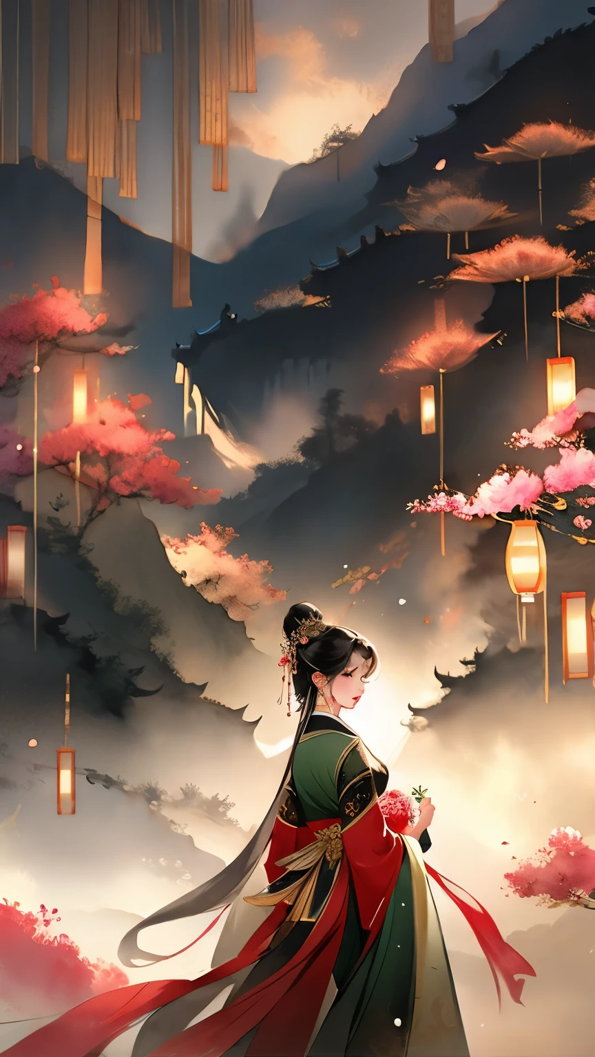 ink painting,watercolor smudge,1 girl, solo, long hair, black hair, hair accessories, long sleeves, close eyes, flower, outdoor, sky, 毛flower, from behind, sash, contour, make up, night, China costume, night空, light particles, lantern, architecture, 纸lantern, Hanfu,1 girl, solo, black hair, hair accessories, long sleeves, Gorgeous silk dress, Hanfu,belt,long sleeves,damask,hold, jewelry, Shut up, Permanent, whole body, flower, bun, vague, from the side, flower瓣, contour, night, China costume, 单bun, flower朵装饰的发簪,散开的long hair,红flower, night空, light particles,黄金jewelry, bead, architecture, updo, Hanfu,high quality, best quality,8K CG, Ultra-detailed, HD, masterpiece, Watercolor oil painting,丹青ink painting,ink painting彩晕染,bling,antique art,The background is decorated with auspicious clouds and silk ribbons,Elegant and peaceful atmosphere,Concept art illustration,Light painting rendering,Zen style, In line with Chinese aesthetics,The beauty of imaginary artistic conception,Beautiful digital illustration,粉红色的桃flowerflower瓣围绕着她
