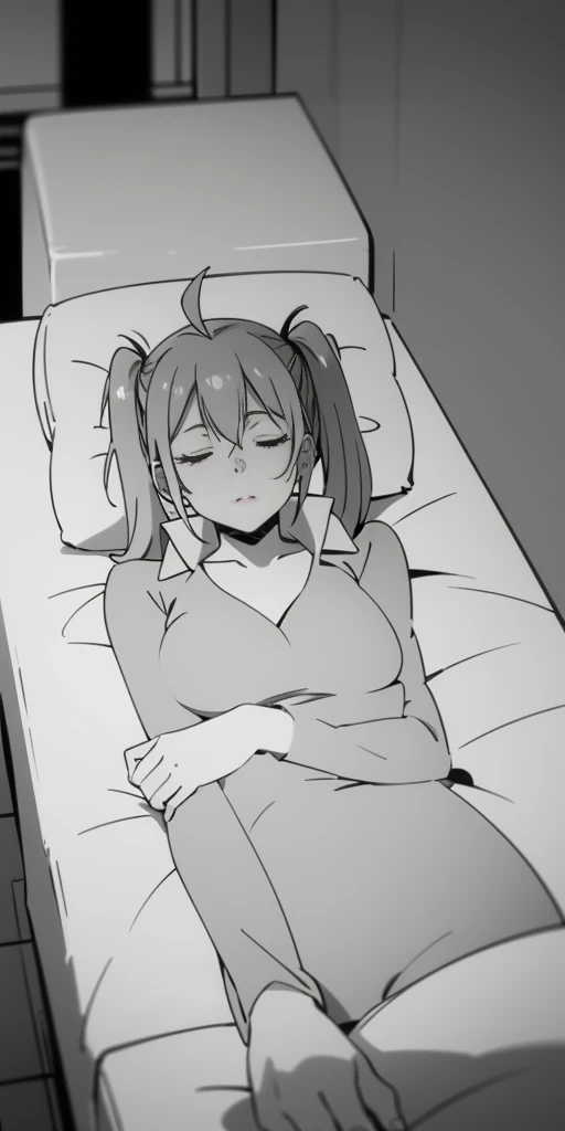 full body sleeping on bed inside bedframe, barefoot, olya, 1girl, solo, long hair, looking at viewer, twintails, monochrome, upper body, ahoge, greyscale, low twintails, twin drills, bed, lies on the bed