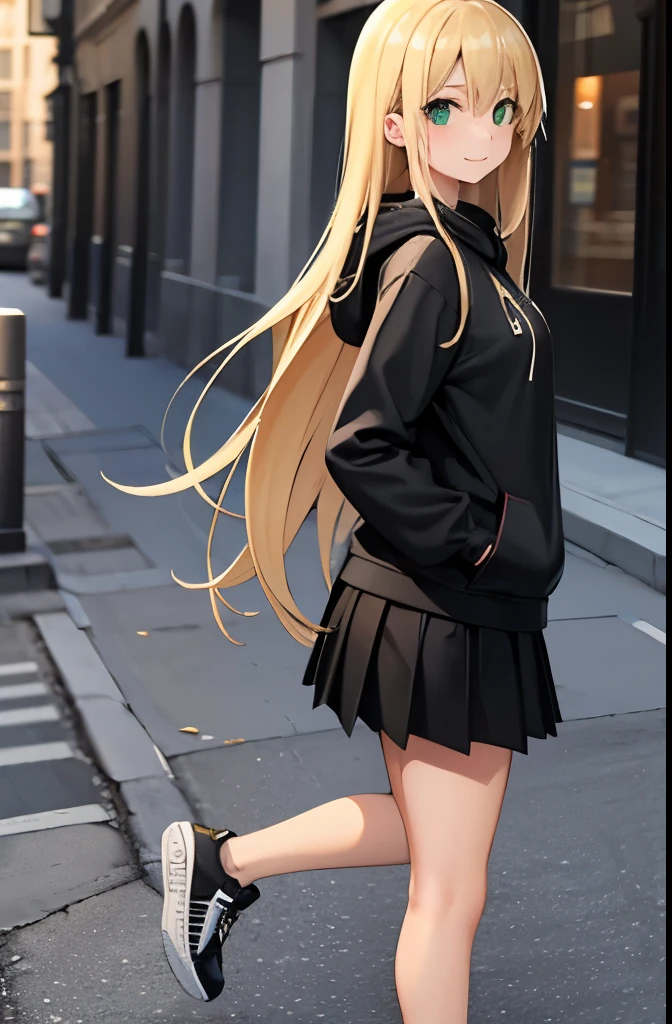 women.blonde,blonde long hair,green eyes,light smile,medium breasts,black hoodie,black pleated skirt,sneaker,fullbody,street,from side