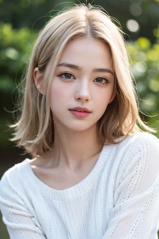 １５Caucasian model at the age, full body image,（(Clean clothes)), white clothes, skin color, Pretty Caucasian Woman,  gray hair, lazy smile, (8K, Live shooting, highest quality, masterpiece: 1.2), masterpiece, Super detailed, ultra high resolution, (realistic and realistic photos: 1.37), High-definition RAW color photo, very delicate and beautiful, 非常にbe familiar with, 8k wallpaper, wonderful, be familiar with, 非常にbe familiar withな目, 非常にbe familiar withな肌, 非常にbe familiar withな指, h非常にbe familiar with nose, 非常にbe familiar withな口, perfect anatomy, Upper body, , See-through feeling、transparent processing、wearing a white sweater、, gray hair, eyes are blue, masterpiece, realistic skin texture, 超be familiar with, shiny hair and white skin, 、 natural skin texture、Juvenile impression、Photo above the knee、eyes are blue、、she looks like a white woman、innocent face、gentle and big eyes、natural skin texture、round face、droopy eyes