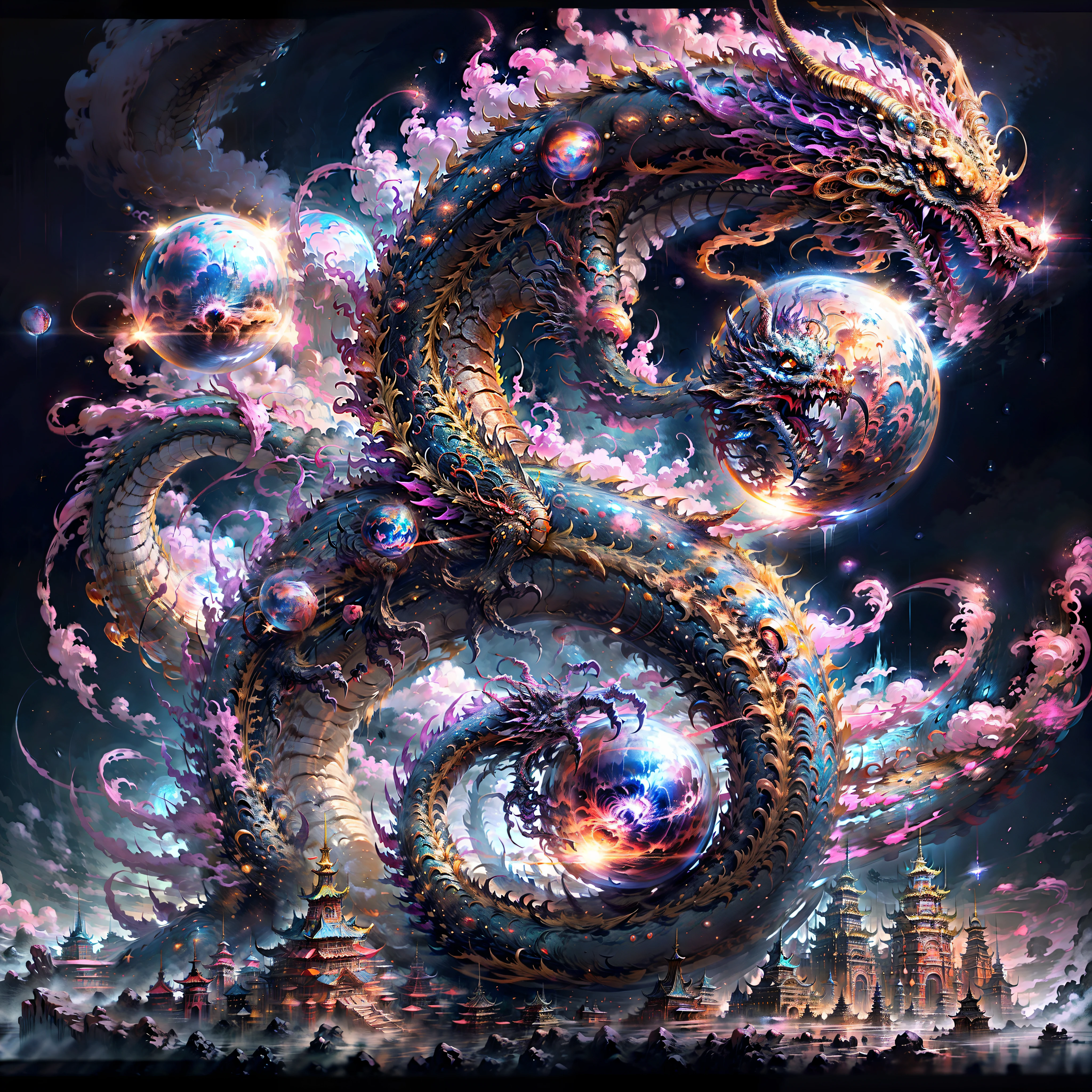 Masterpiece, ultra-high, nonhuman, intricate details, ff14 style, officer, Universes, stars, galaxies, Planets, bright colors, (Length: 1), yellow eyes, clouds, scales, dragon, Open mouth, sharp teeth, flying, horns, teeth, claws, fangs, In a fantastic otherworldly visual style,