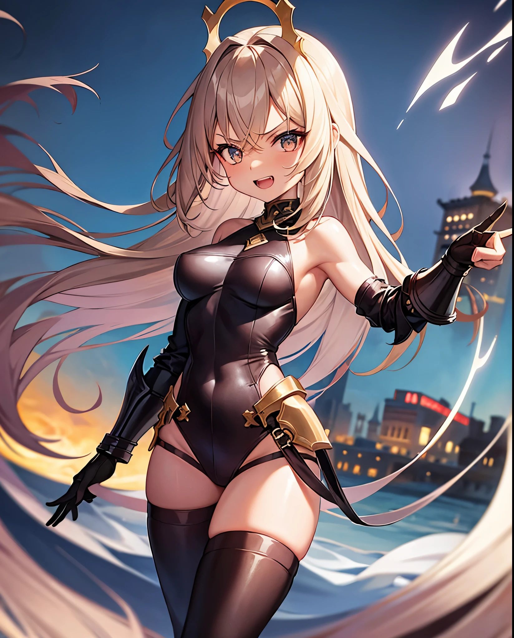 fantasy, 1angel_girl,child, loli,brown_hair, medium_bob_hair, long_bangs, halo,bare_shoulder,thighhighs,silver_armor, waist_armor, large_breasts,angry,grinning,open_mouth_teeth, 1pair_wings, dynamic_pose_fighting,floating, bare_crotch, headgear,gauntlet, greaves,city_sky_background,slightly_spread_legs, solo, groin_naked,dark_skin,