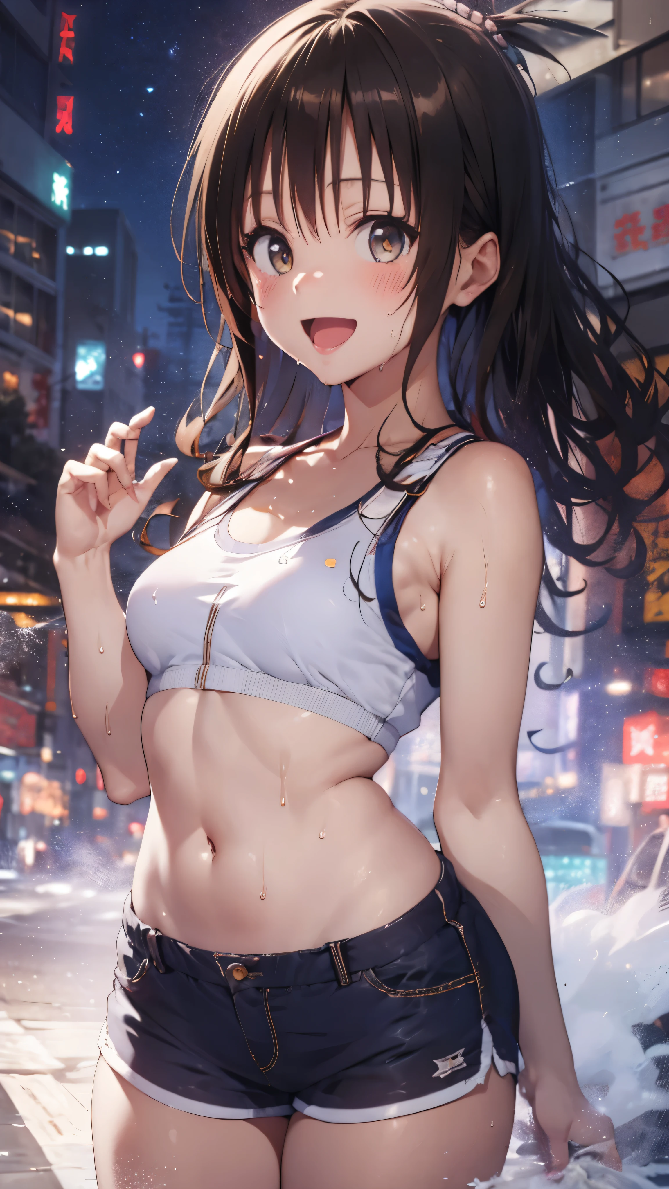 1 female,black hair,(()),(((white and blue sports bra and shorts)))(((blush、open mouth smile)),(((Yuki Mikan))),crowd(baby girl bohape)(((small breasts)))look back,((wet with sweat))outdoor playground,Mansuji
