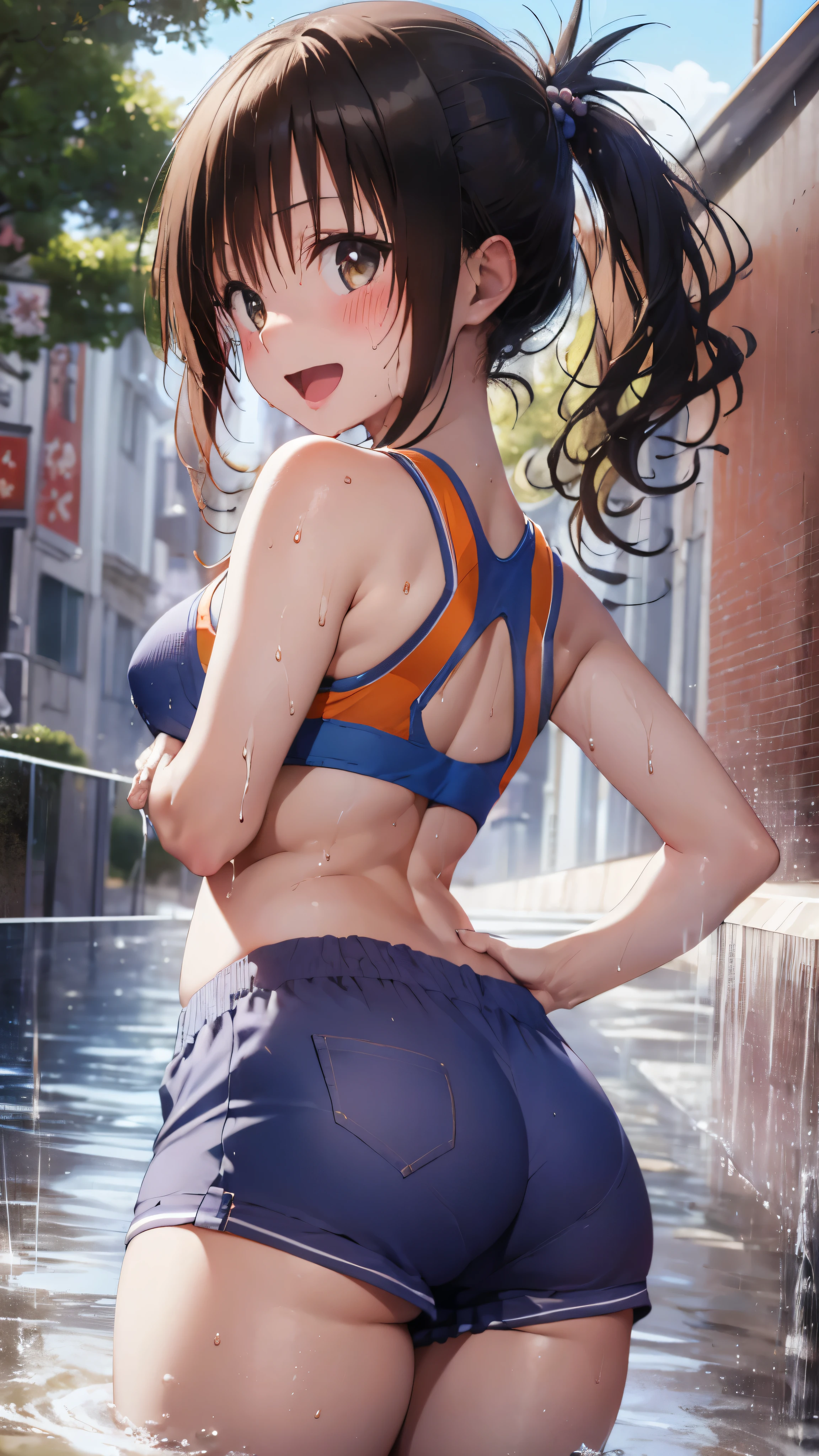 1 female,black hair,((12 years old)),(((white and blue sports bra and shorts)))(((blush、open mouth smile)),(((Yuki Mikan))),crowd(baby girl body shape)(((small breasts)))look back,((wet with sweat))outdoor playground,Mansuji