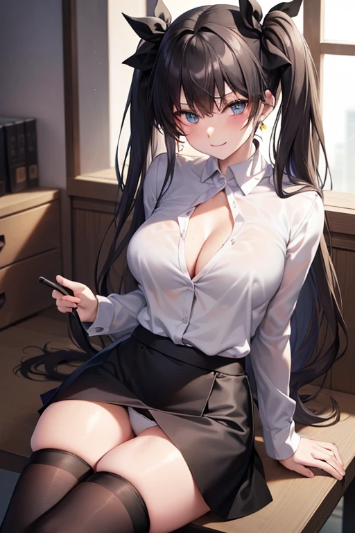 Rin Tohsaka, Rin Tohsaka, aqua eyes, Black hair, Hair Ribbon, Long hair, bow ribbon, (side locks:1.3), (black thighhighs:1.3), looking at the viewers, BREAK (masutepiece:1.2), Best Quality, High resolution, Unity 8k壁纸, (Illustration:0.8), (Beautiful detailed eyes:1.6), extra detailed face, Perfect Lighting, extremely details CG, (Perfect hands, Perfect Anatomy),,cowboy shot、(white shirt:1.5)、(Office Lady:1.3)、Miniskirts、((Black skirt:1.5))、s Office、Jacket, Formal, Suit, pencil skirts, Skirt suit、(cleavage of the breast),A smile、Sitting on a chair、(white panties:1.3)