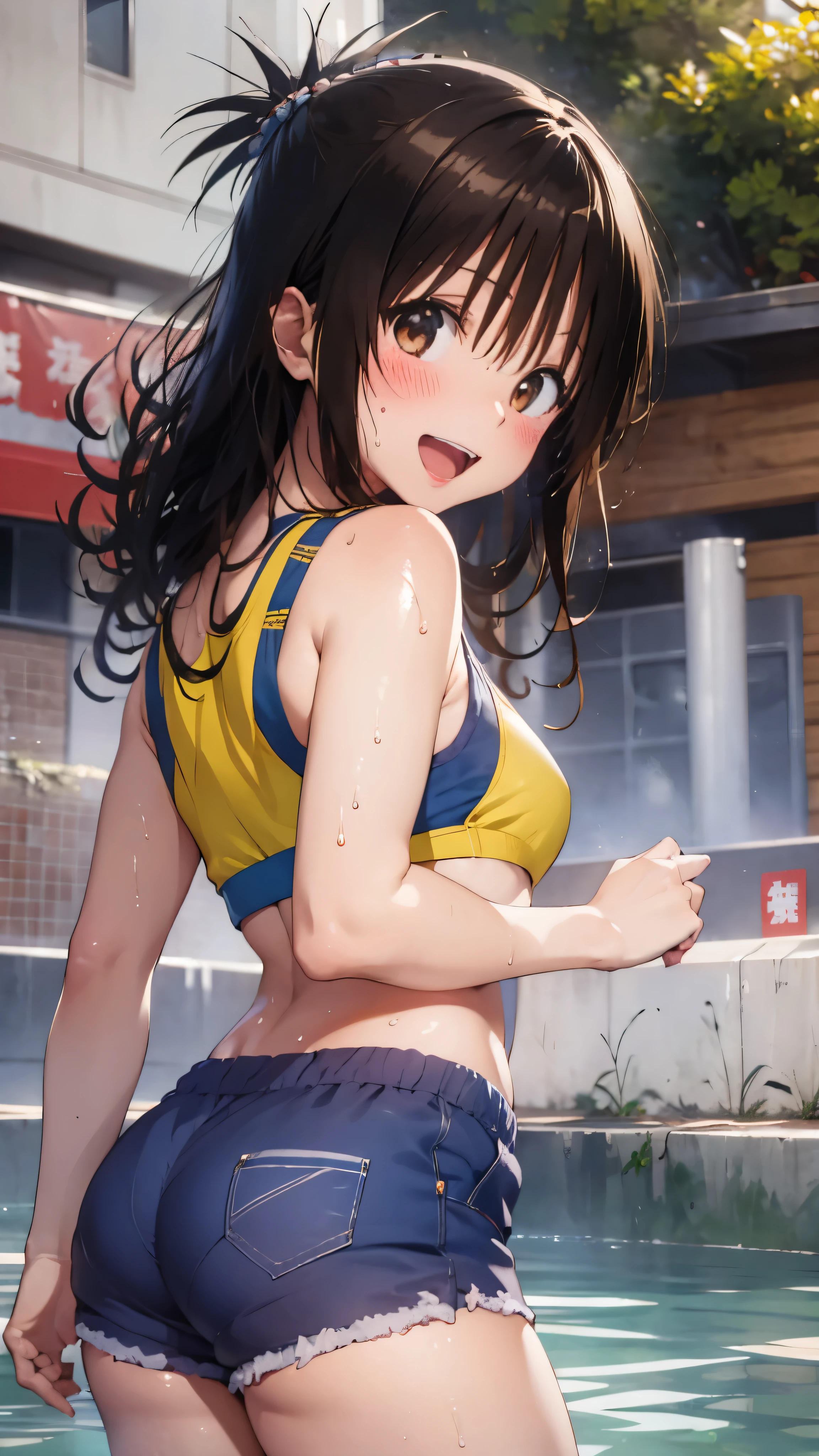 1 female,black hair,(()),(((white and blue sports bra and shorts)))(((blush、open mouth smile)),(((Yuki Mikan))),crowd(baby girl bohape)(((small breasts)))look back,((wet with sweat))outdoor playground,Mansuji