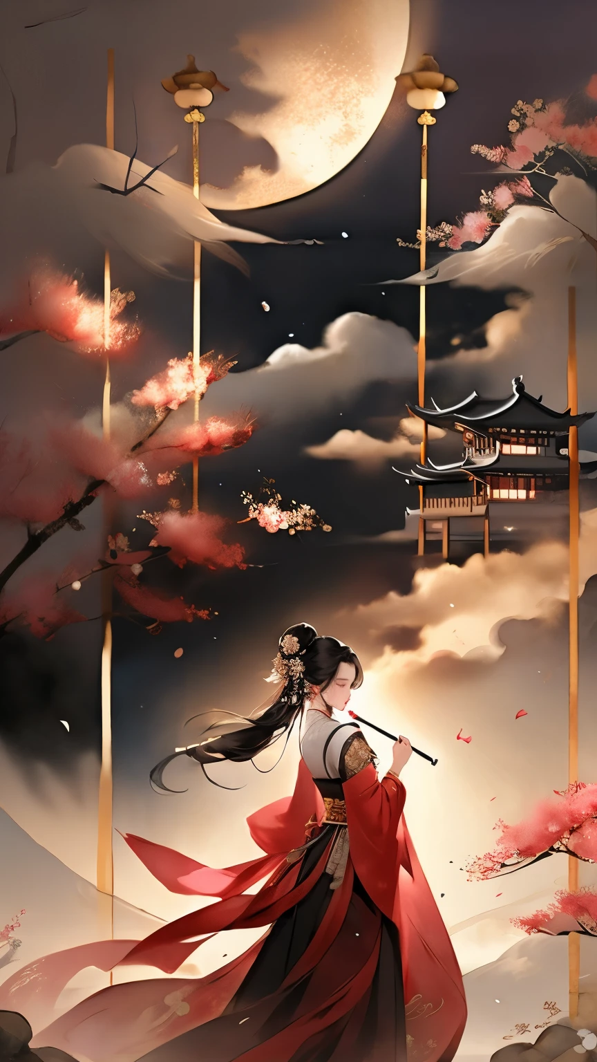 ink painting,watercolor smudge,1 girl, solo, long hair, black hair, hair accessories, long sleeves, close eyes, flower, outdoor, sky, 毛flower, from behind, sash, contour, make up, night, China costume, night空, light particles, lantern, architecture, 纸lantern, Hanfu,1 girl, solo, black hair, hair accessories, long sleeves, Gorgeous silk dress, Hanfu,belt,long sleeves,damask,hold, jewelry, Shut up, Permanent, whole body, flower, bun, vague, from the side, flower瓣, contour, night, China costume, 单bun, flower朵装饰的发簪,散开的long hair,红flower, night空, light particles,黄金jewelry, bead, architecture, updo, Hanfu,high quality, best quality,8K CG, Ultra-detailed, HD, masterpiece, Watercolor oil painting,丹青ink painting,ink painting彩晕染,bling,antique art,The background is decorated with auspicious clouds and silk ribbons,Elegant and peaceful atmosphere,Concept art illustration,Light painting rendering,Zen style, In line with Chinese aesthetics,The beauty of imaginary artistic conception,Beautiful digital illustration,粉红色的桃flowerflower瓣围绕着她
