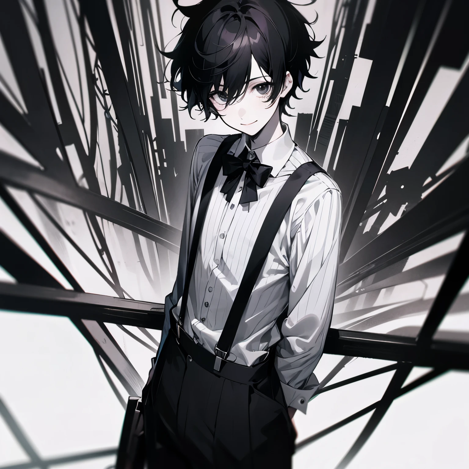 smiling,looking forward,1boy,black hair,short hair,messy hair,pale skin,black eyes,black wire glasses ::2 black and white striped shirt,suspenders,mime outift ::3 anime semi realism artstyle,high quality,best quality,library background