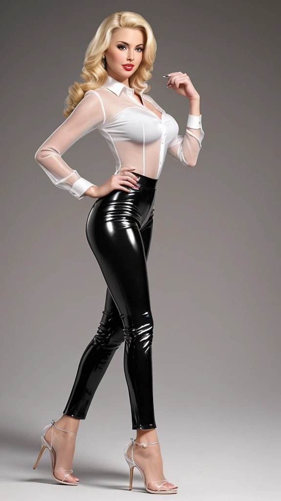 Detailed, realistic depictions of a lush 22-year-old blonde woman radiating a distinctive pin-up style. Transparent sandals with transparent stiletto heels, long-sleeved shirt and long black latex pants. Extremely sexy. realist. Although the classic features are present, the pin-up talent is undeniable. White photo studio background, hot session. ultra-realistic photography.