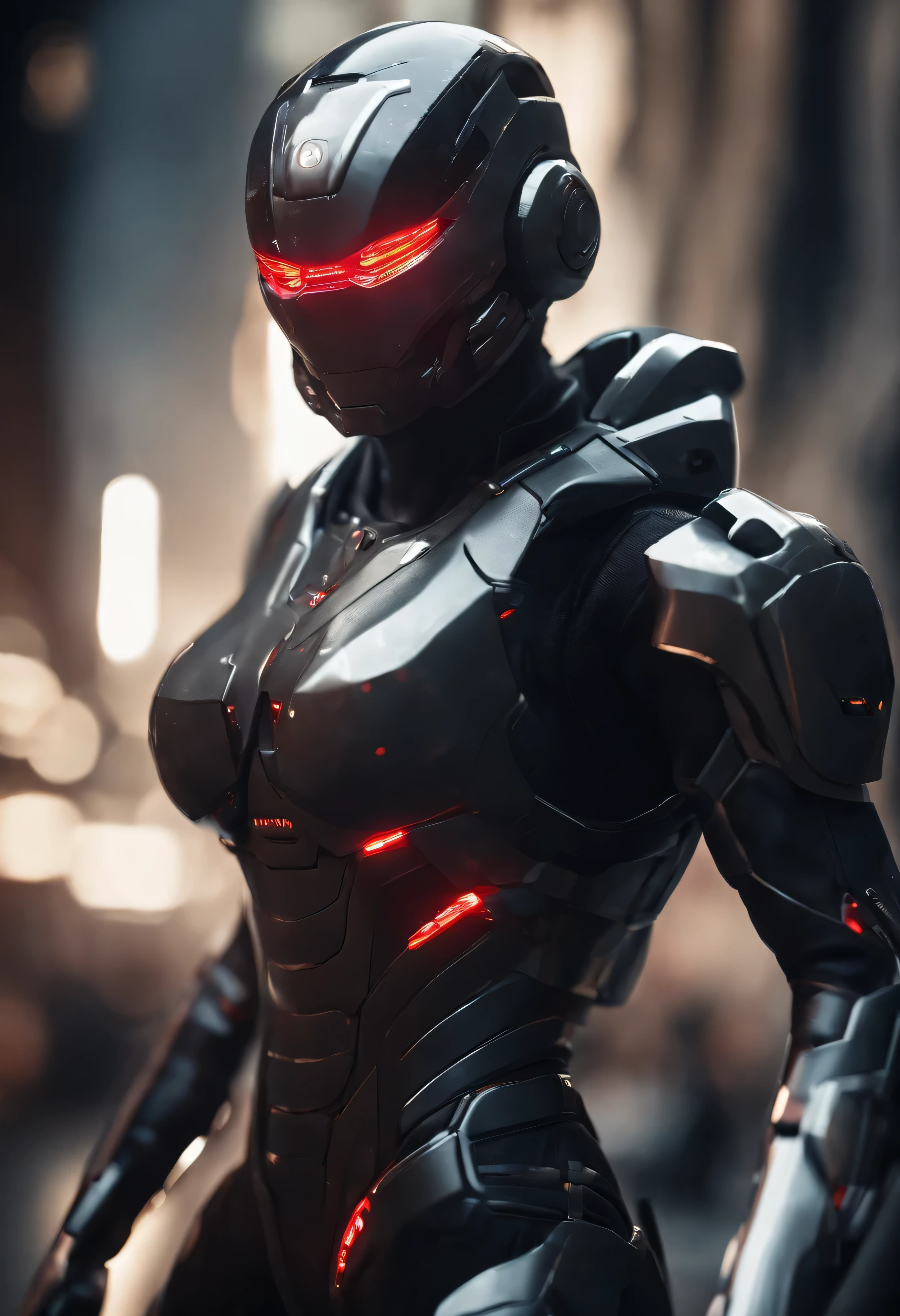 lizzyC1, ((best quality)),((masterpiece)),(detailed), Midjourney Style, close-up, woman, robot, red eyes, concept art, inspired by Marek Okon, digital art, Crysis Nanosuit, futuristic, (glowing elements:1.1), 4:3 aspect ratio,upper body