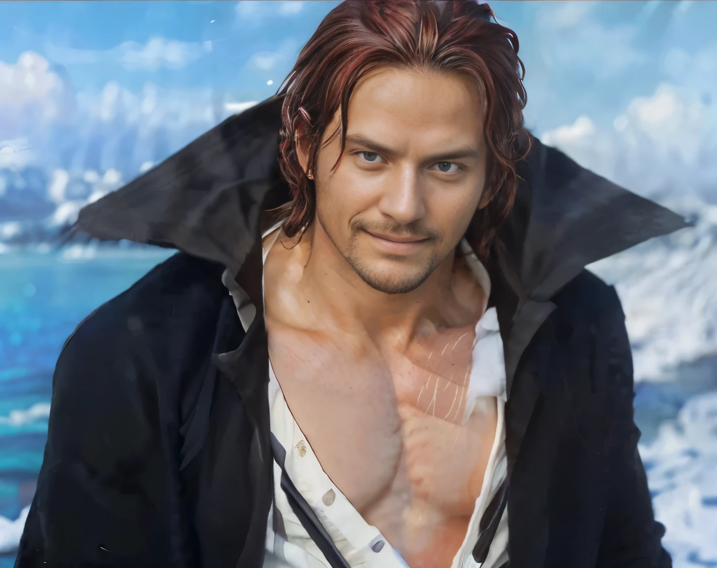 (masterpiece), (realistic), (ultra detailed), ( high reest quality), (photorealistic), (perfect face), (perfect anatomy), man, male, solo, ameican, 30 years old, ((muscular)), shanks from one piece, shanks, (((Wavy middle part hair style))), red hair, has a thin black beard, has a thin black mustache, wears white clothes, wears a black robe, the character is reading a newspaper, (((The character's eyes look downwards))), The character's face has a serious expression, his mouth is smiling, character standing on an icy lake