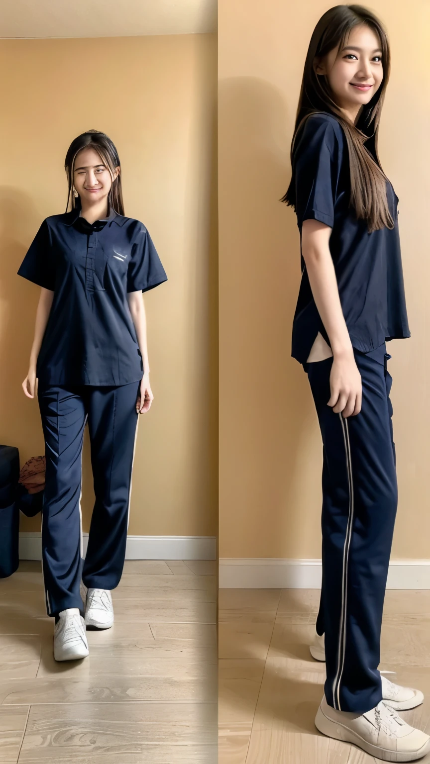 2 girls in the piano room, shirtเชิ้ตshort sleeveสีน้ําเงินกรมท่า,Navy Long Trackpant,(best quality,10,10,height,Masterpiece:1.2),very detailed,(realistic,ภาพrealistic,Realistic photos:1.37),shiny, ผิวshiny,only,A soft smile.,short sleeve,shirt, กางเกงLong legs.,Face focus,dynamic poses,from behind,Focus on the ass.,Masterpiece, best quality, ultra realistic, very detailedเกินไป, 8k resolution, raw photos, Sharp focus, ((Navy blue shirt:1.1)), short sleeve, long path, perfect bodyแบบ, 2 mature women, 18 years old, Cinema-grade lighting system,กางเกงLong legsวอร์ม,shirtผ้าออกกำลังกาย,correct anatomy,perfect body, correct body, Sharp face, correct bodyทางกายวิภาค, full body, realistic gestures, long hair, realistic ,Long legs,fit,carved girl, Slender figure, model, fit, beautiful body,Sweatpantsสีน้ําเงิน, Sweatpants