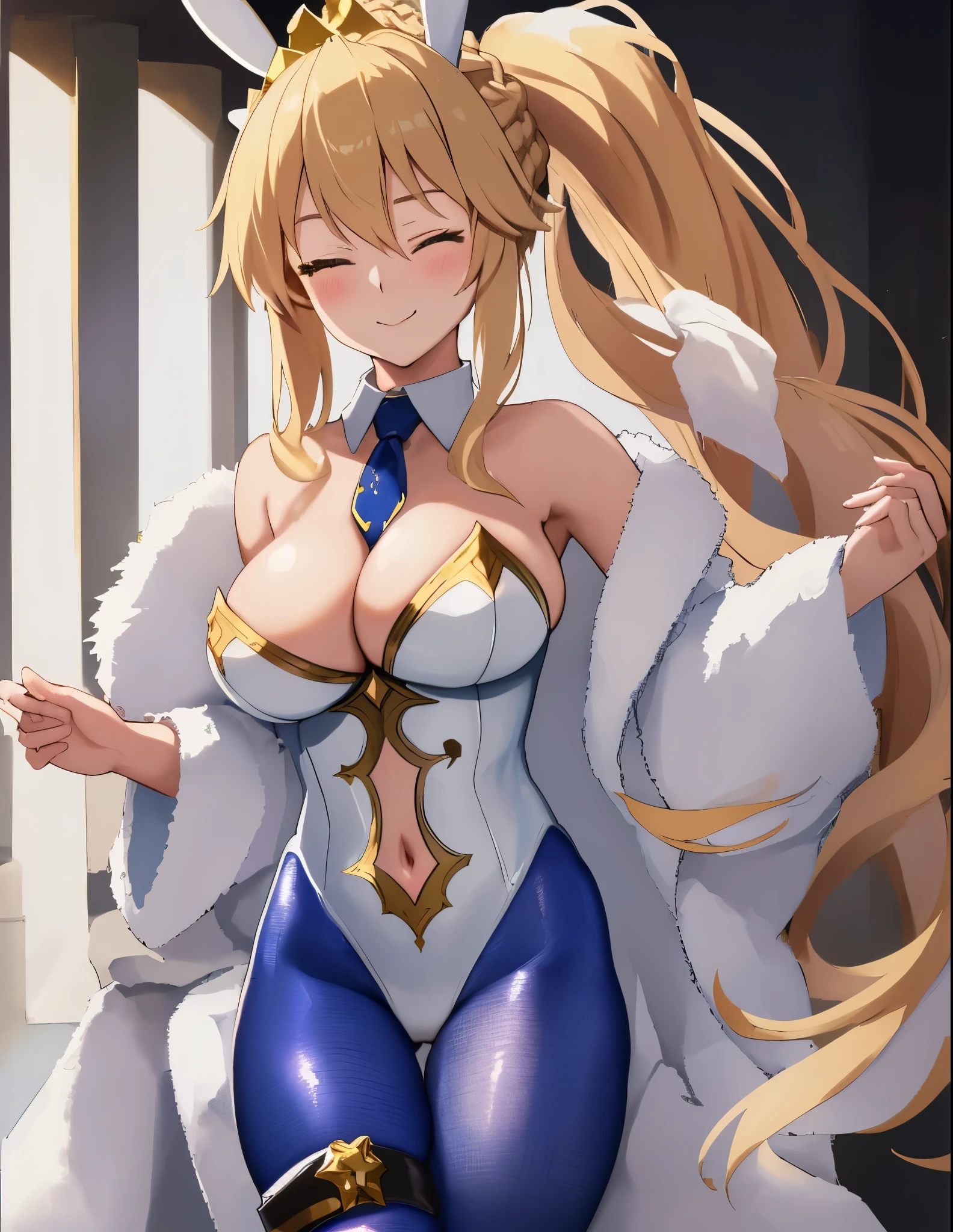 masterpiece, best quality, absurdres, soft lighting, looking at viewer, solo, light_smile, wink, one eye closed,
1girl, ahoge, rabbit ears, playboy bunny, artoria pendragon \(swimsuit ruler\) \(fate\), large breasts , blonde hair, green eyes, french braid,  pony tail
bare shoulders, large breasts , cleavage,
clothing cut out, wrist cuffs, detached collar, navel cutout, feather boa,
white leotard, blue necktie, blue pantyhose, single thigh strap, hands behind head,
cowboy shot,
white background,